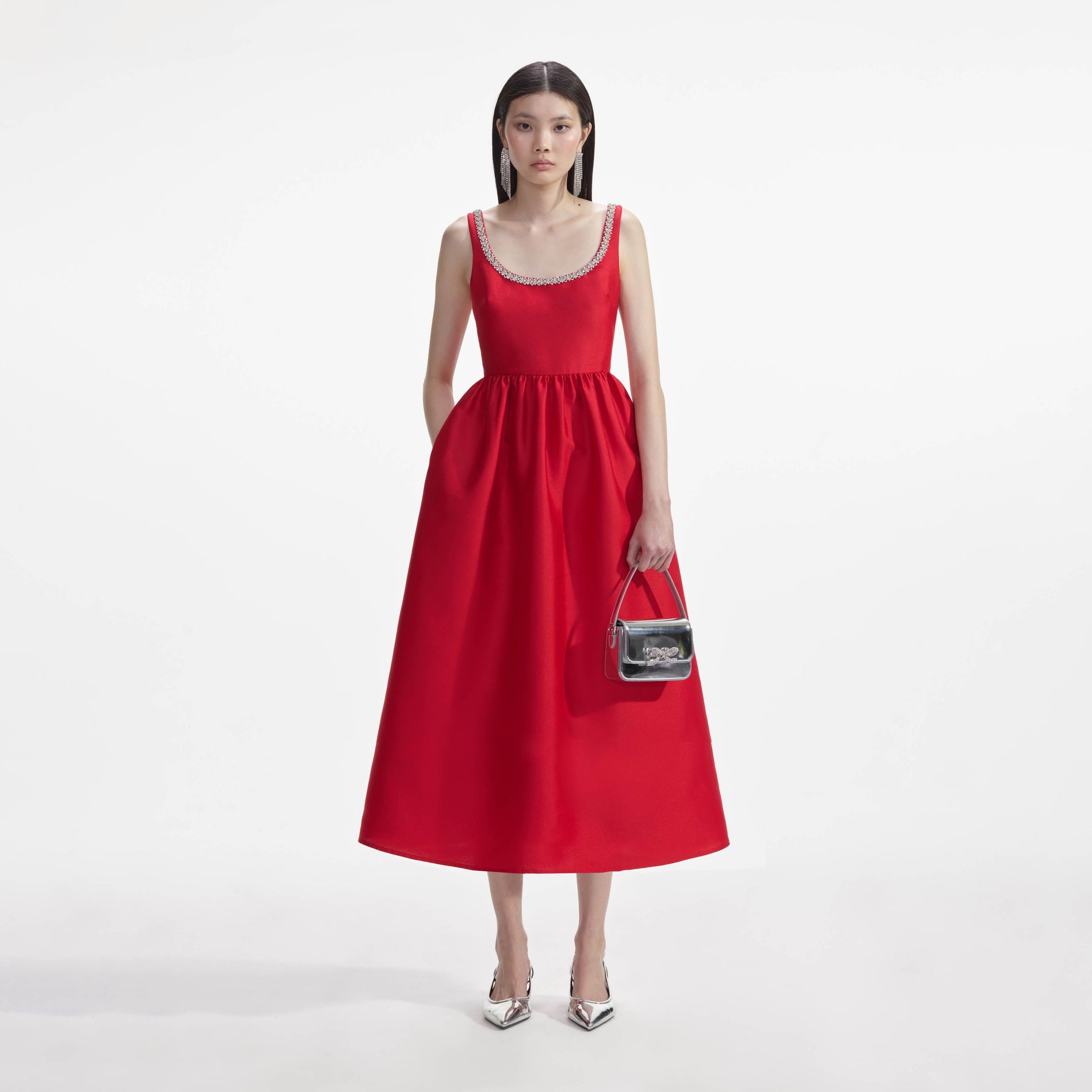 Front view of a woman wearing the Red Taffeta Diamante Midi Dress