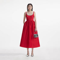 Red Taffeta Diamante Midi Dress