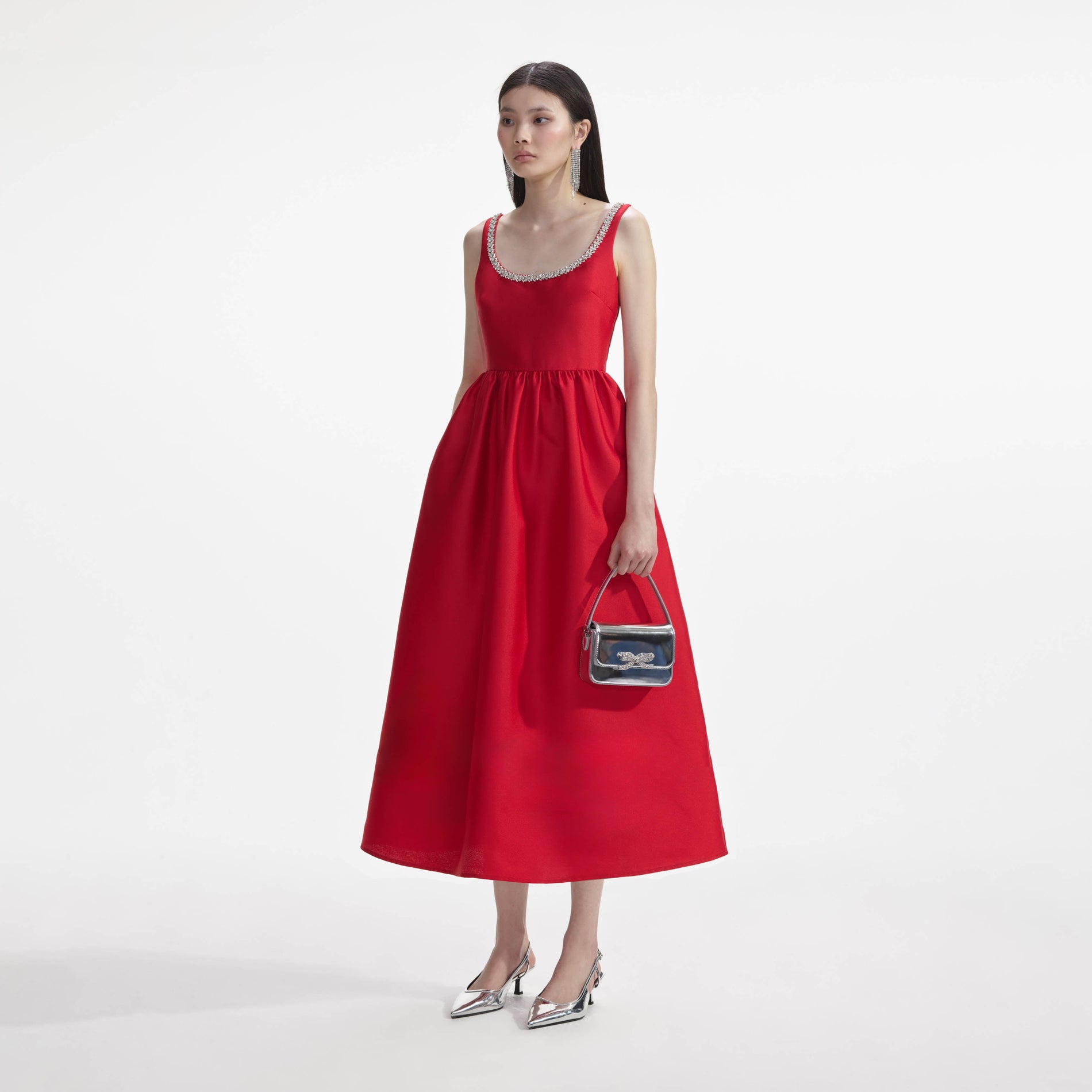 Side view of a woman wearing the Red Taffeta Diamante Midi Dress
