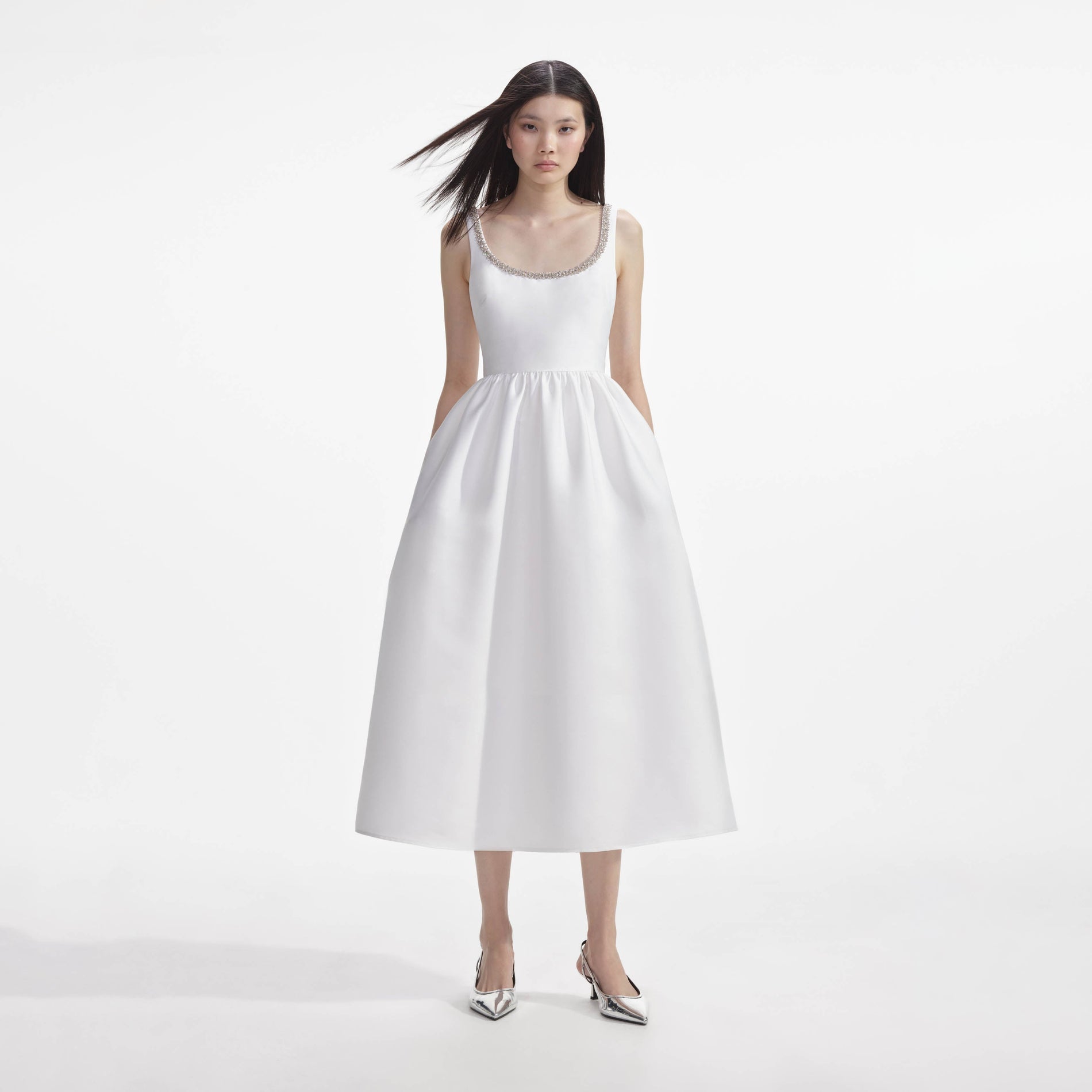 White Taffeta Diamante Midi Dress