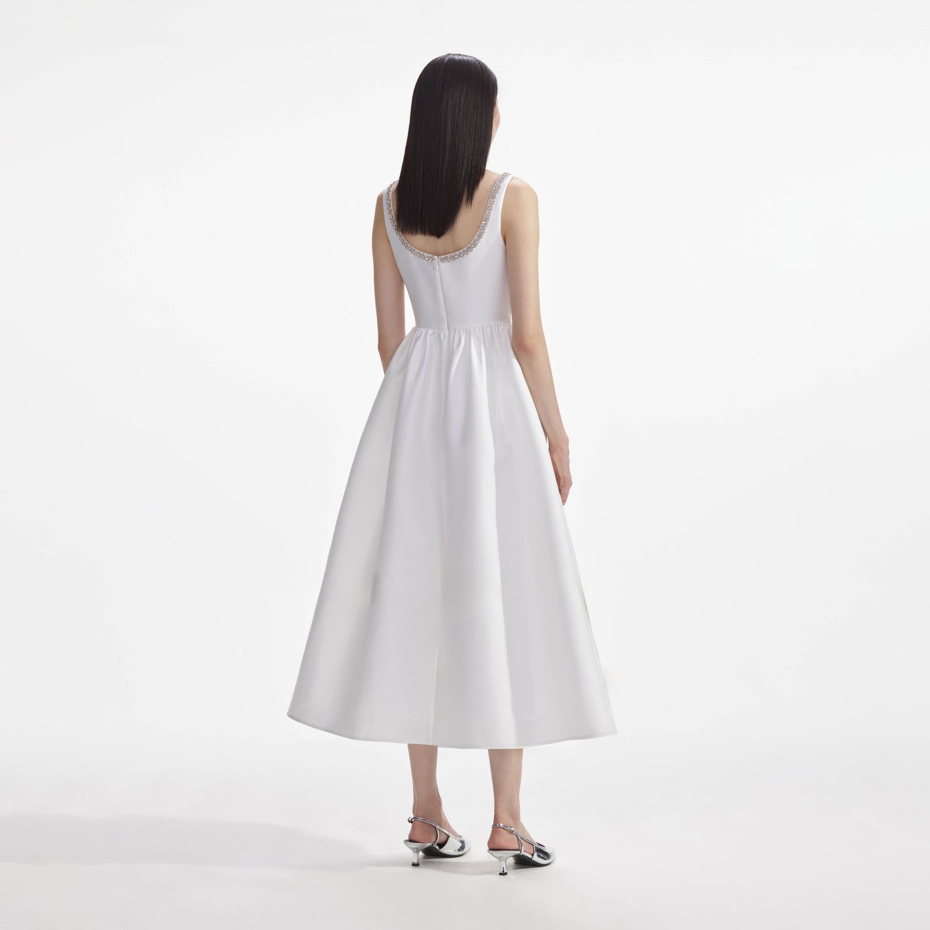 White Taffeta Diamante Midi Dress