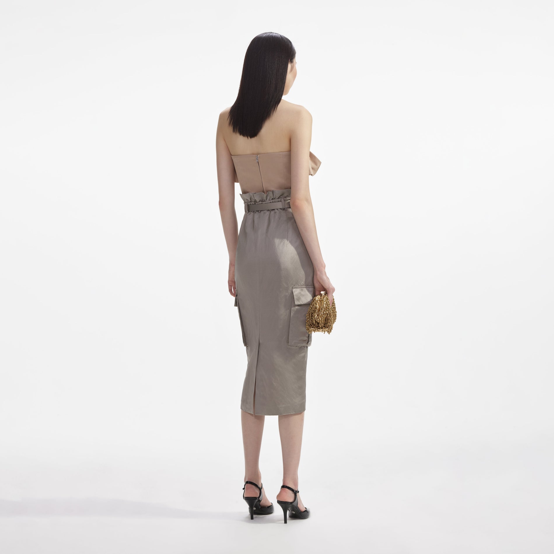 Back view of a woman wearing the Beige Taffeta Bandeau Top