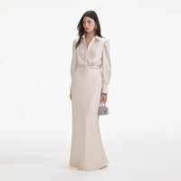 Cream Satin Embellished Bib Maxi Dress