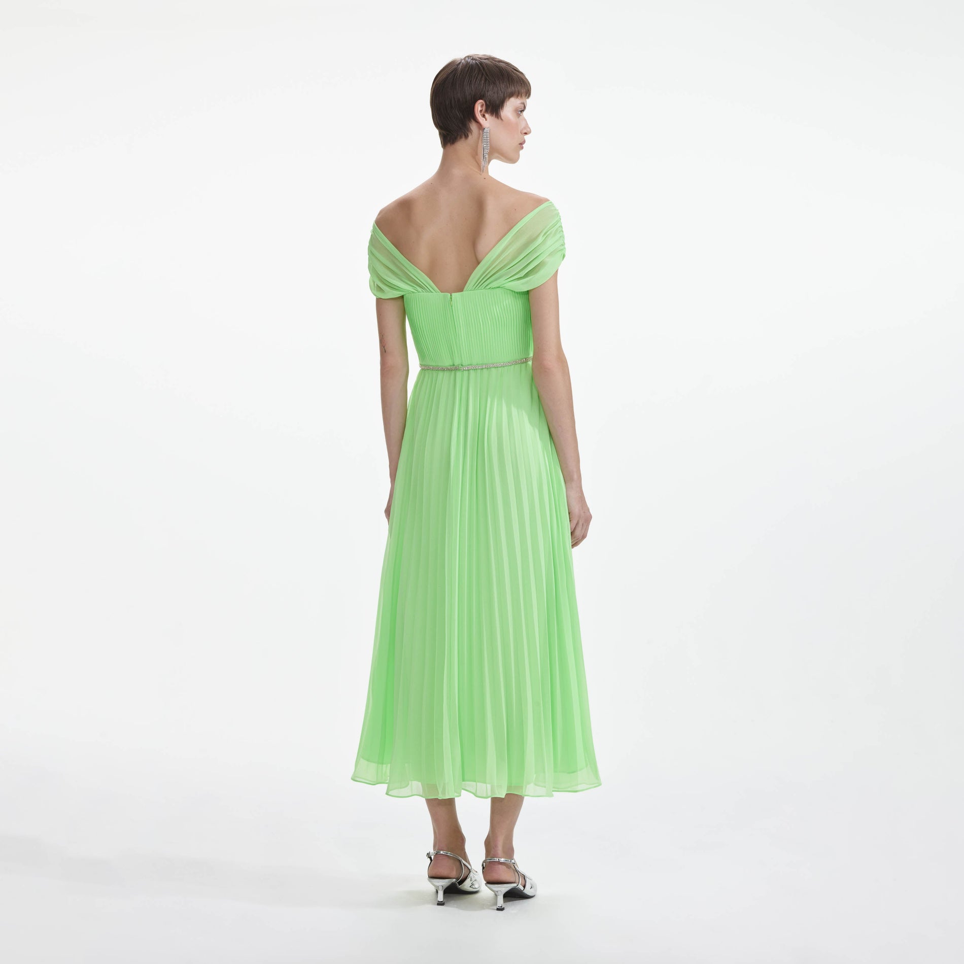 Green Off Shoulder Chiffon Midi Dress