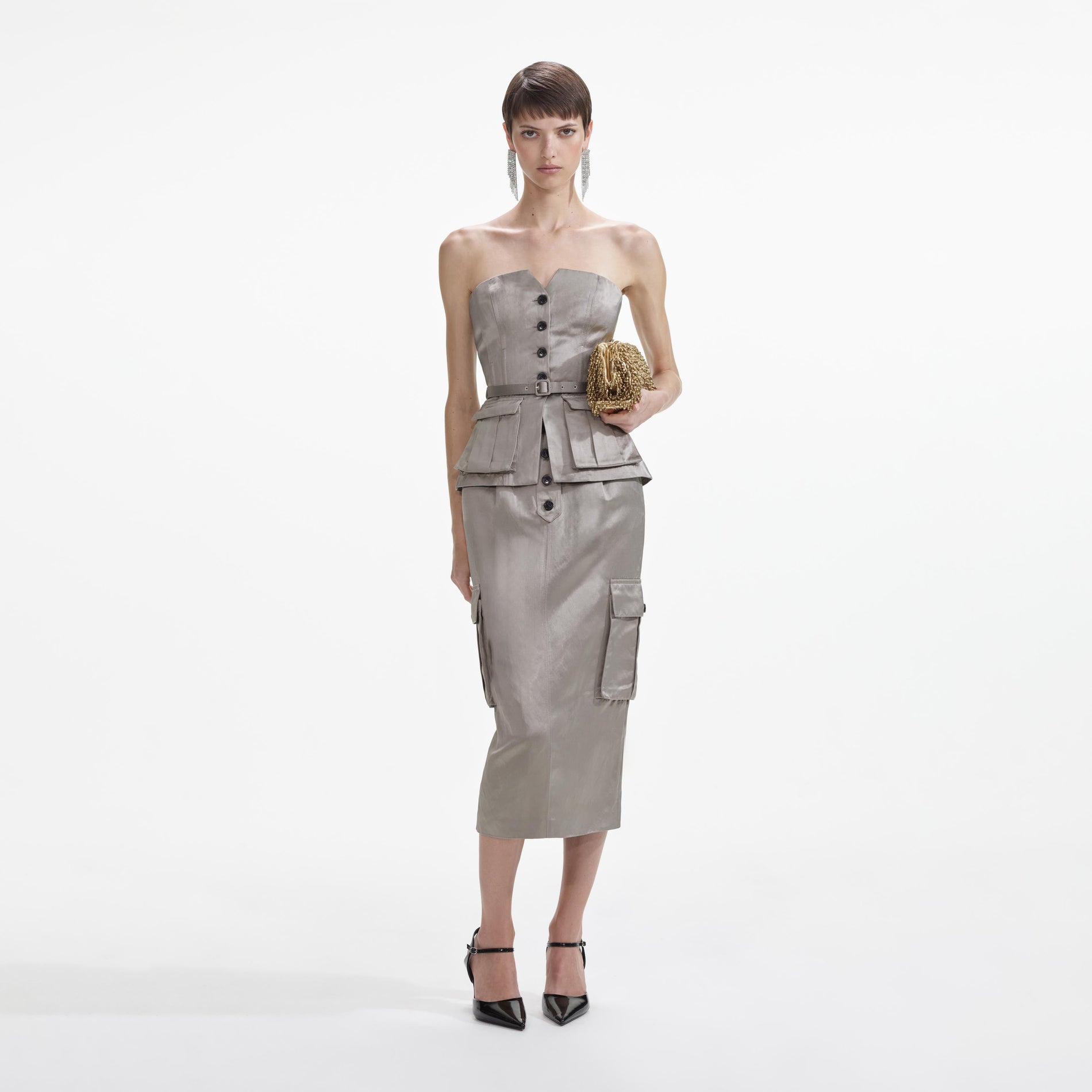 Front view of a woman wearing the Taupe Satin Corset Top