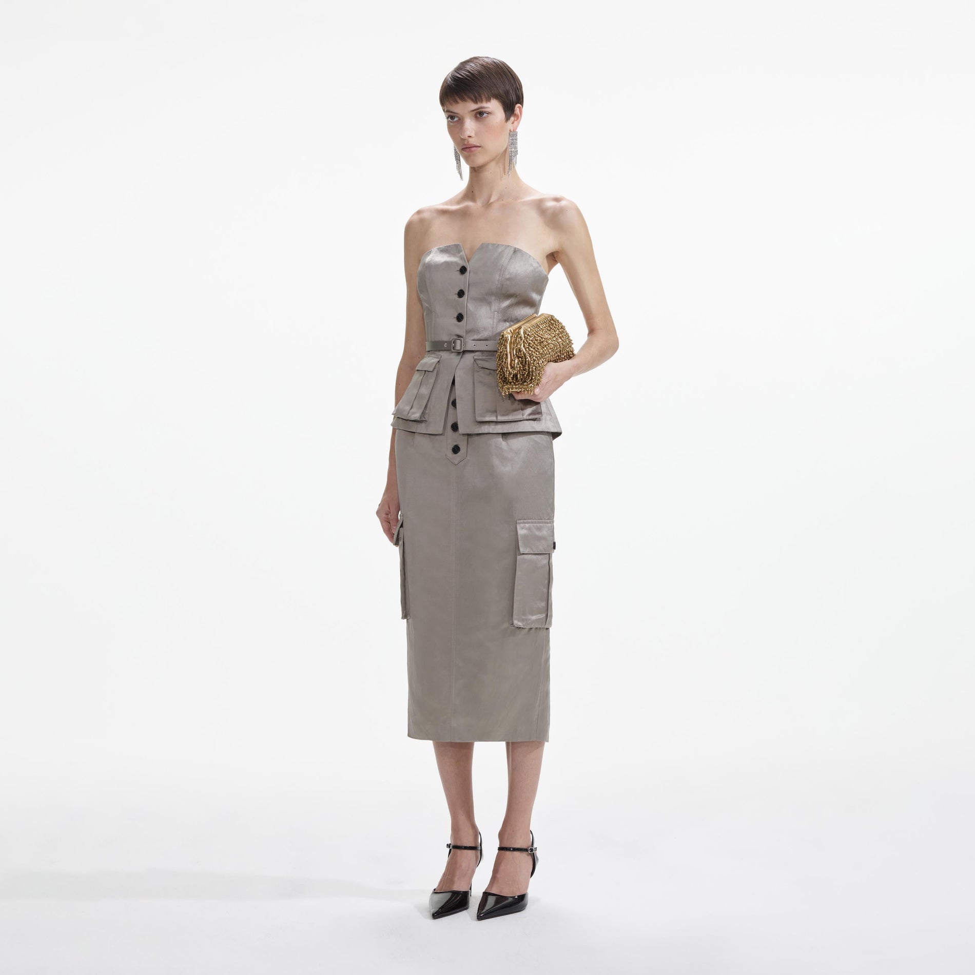 Side view of a woman wearing the Taupe Satin Corset Top