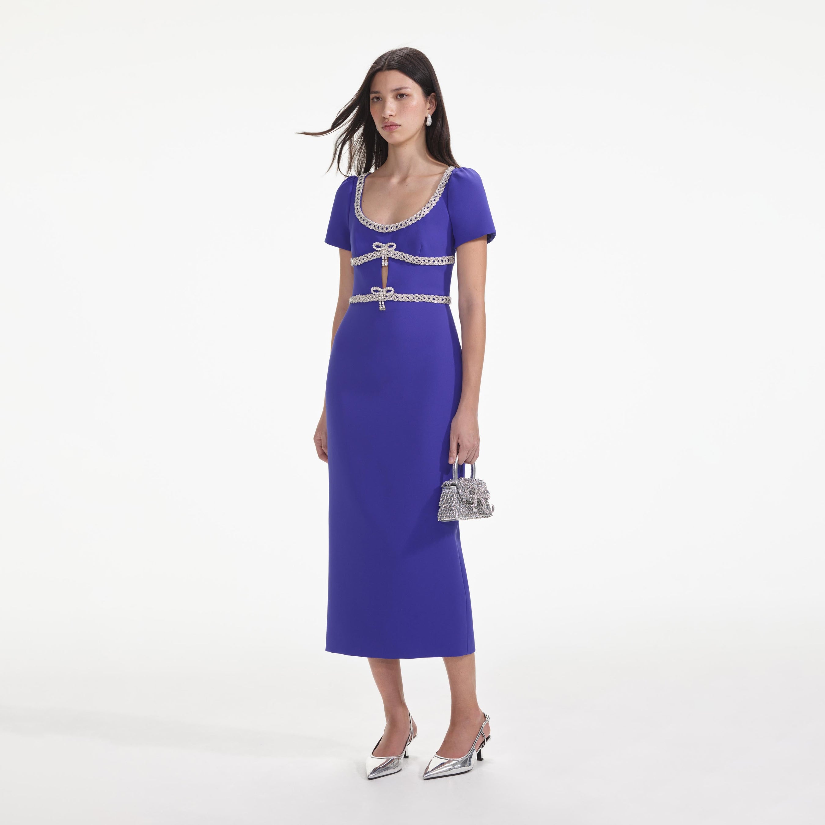 Blue Diamante Bow Trim Midi Dress