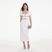 White Diamante Bow Trim Midi Dress