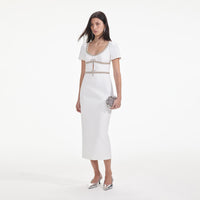 White Diamante Bow Trim Midi Dress