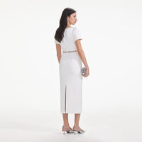 White Diamante Bow Trim Midi Dress