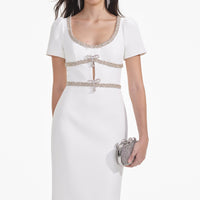 White Diamante Bow Trim Midi Dress