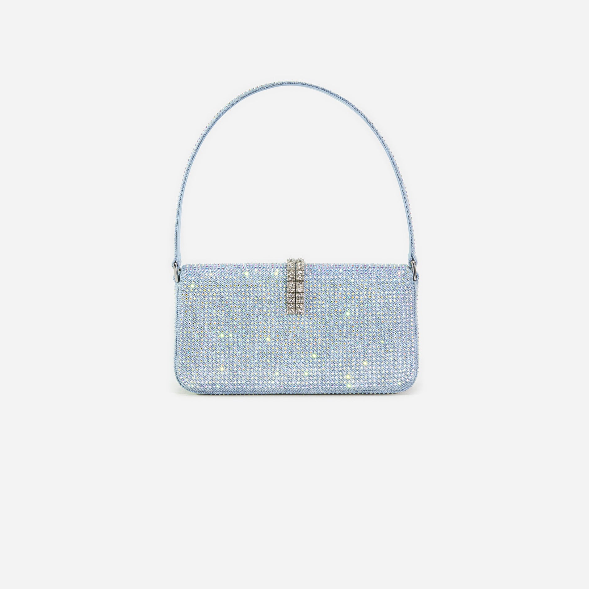 Blue Rhinestone Denim Baguette Bag