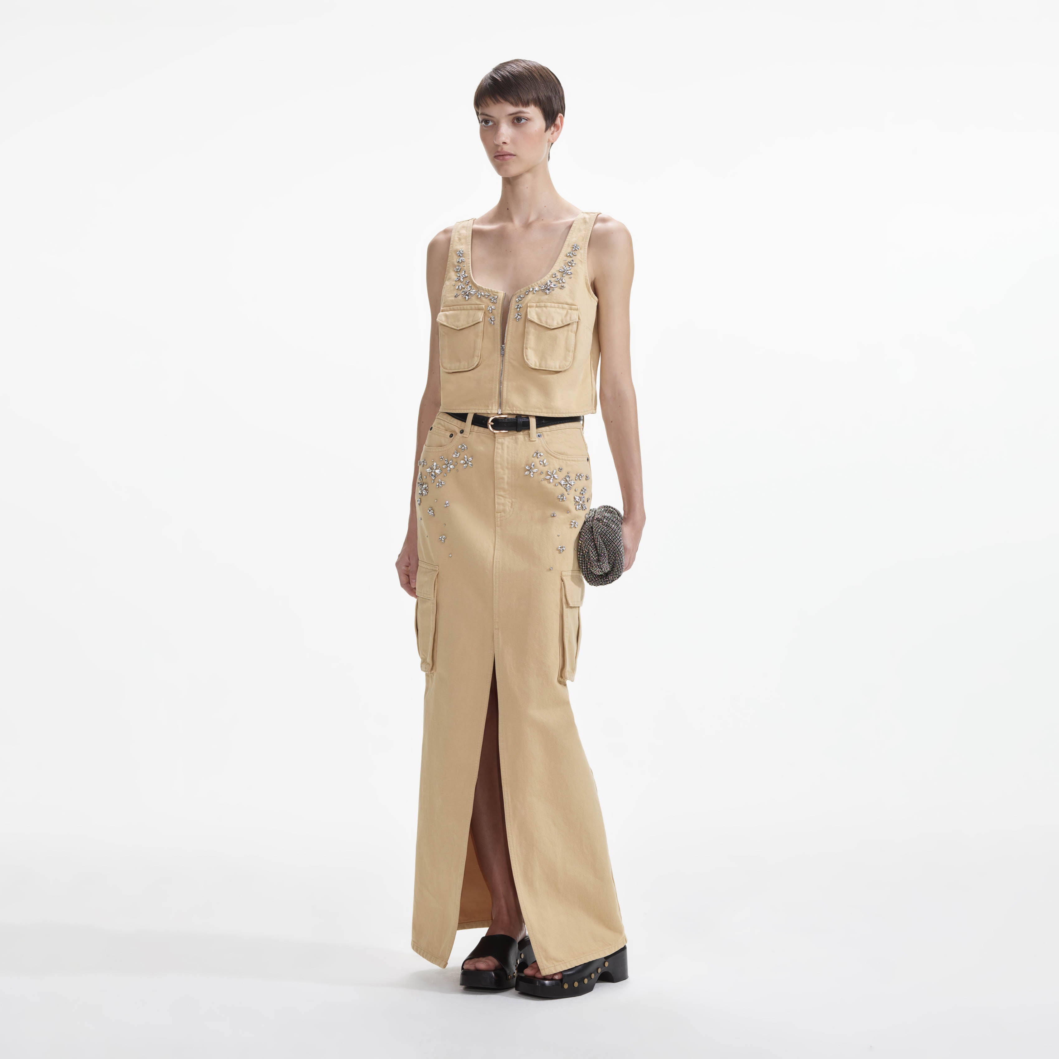 Embellished Denim Cargo Maxi Skirt