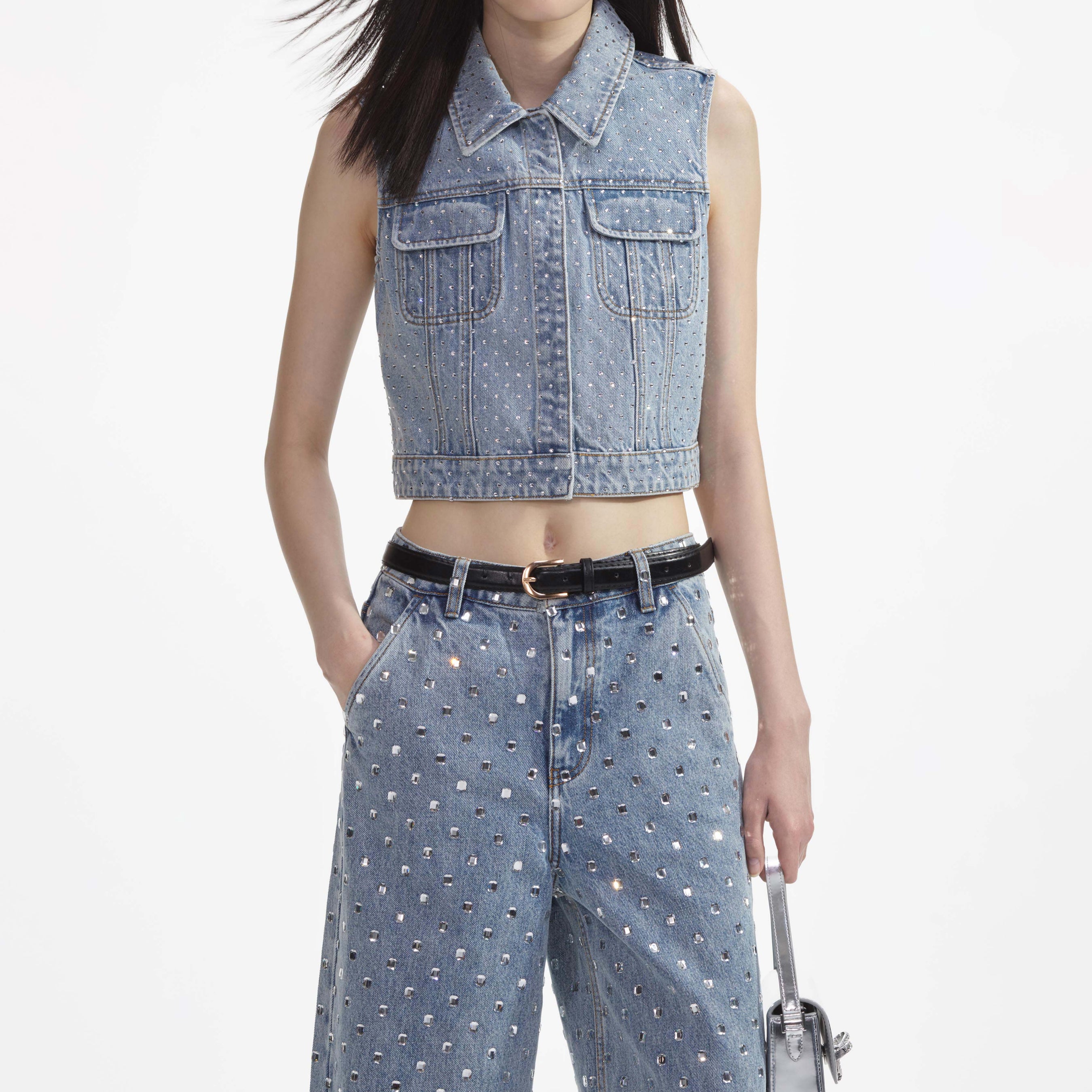 Bleach Wash Rhinestone Denim Top