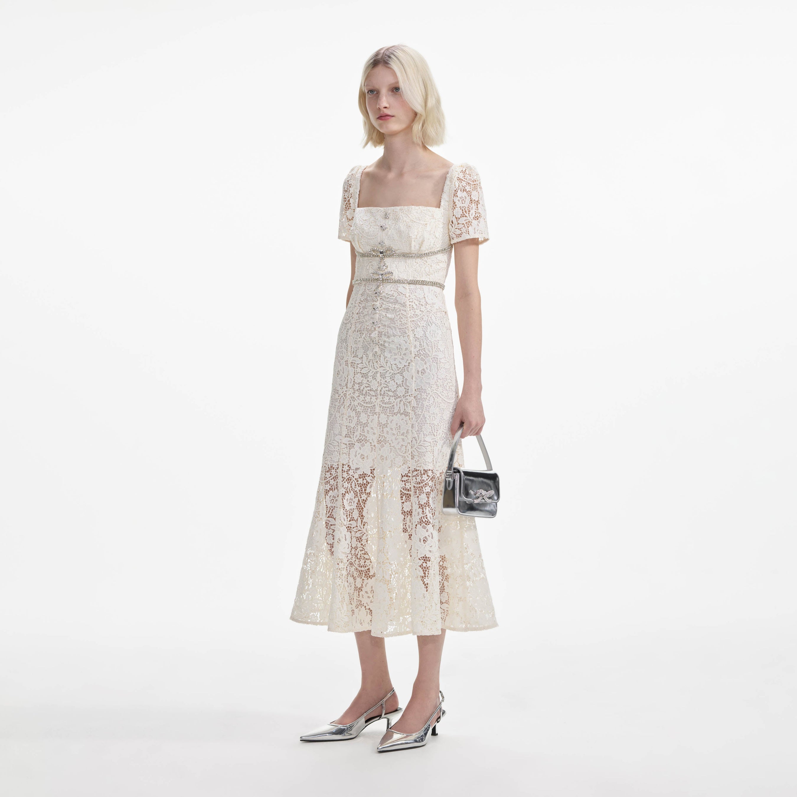 Cream Lace Diamante Bow Midi Dress