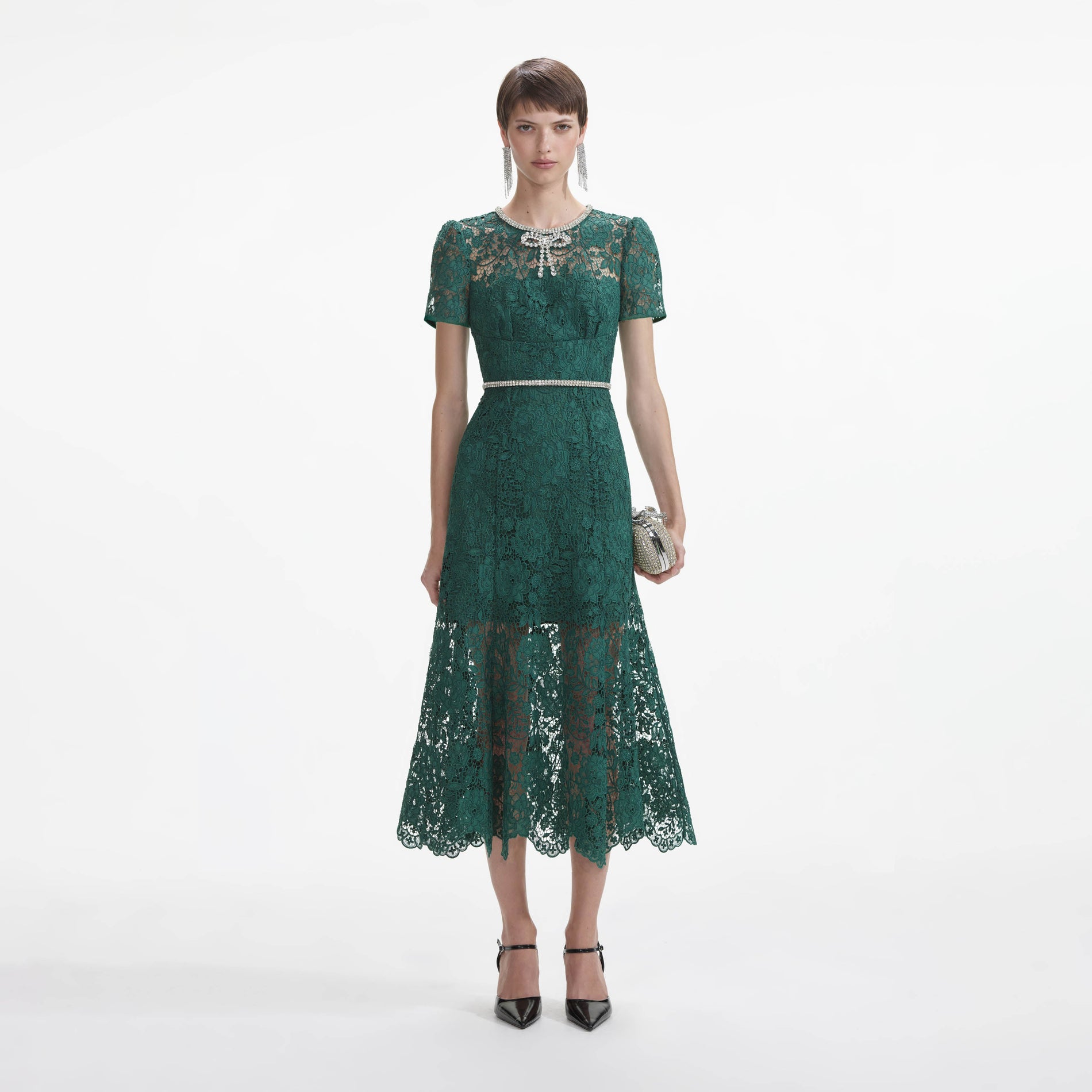 Green Lace Diamante Bow Midi Dress