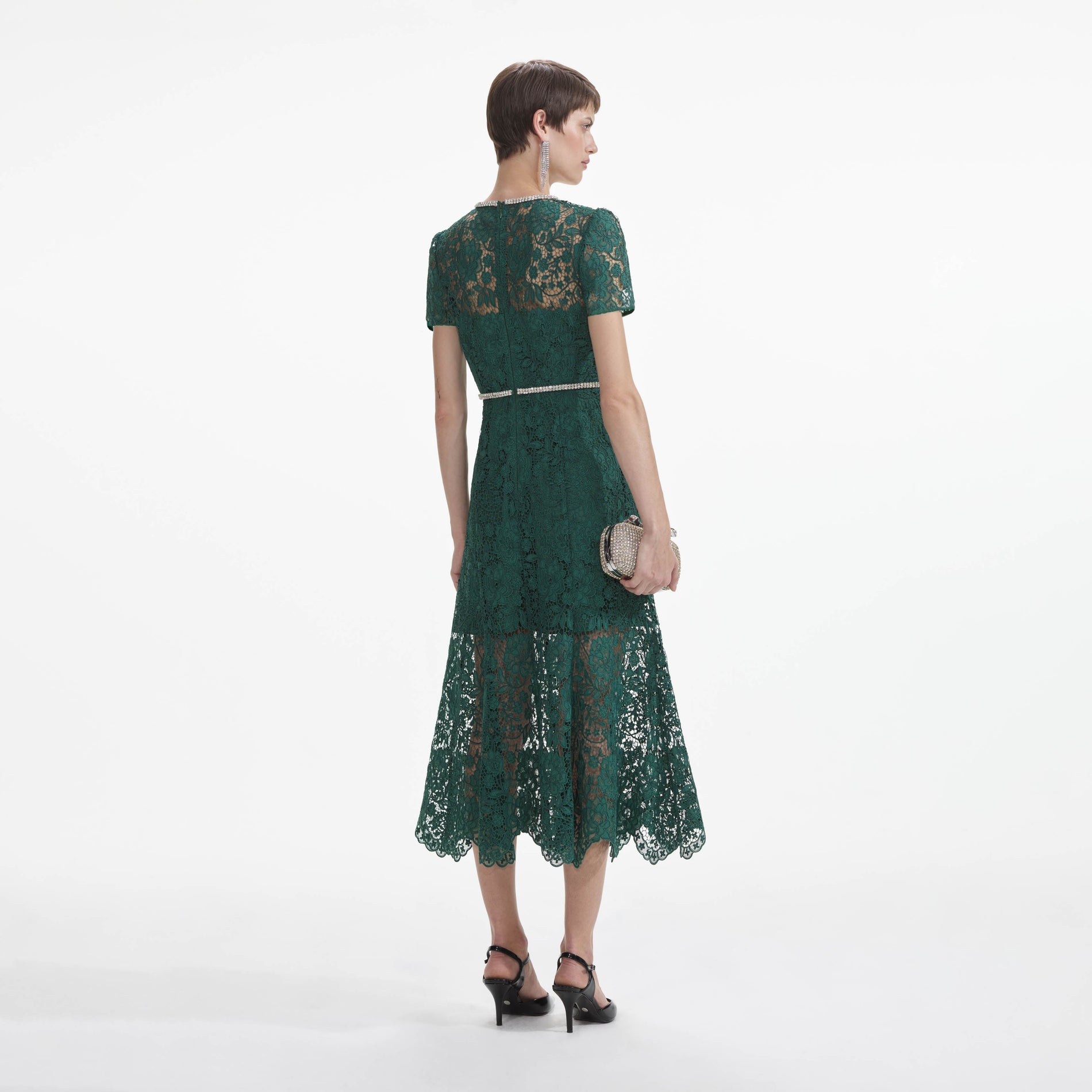 Green Lace Diamante Bow Midi Dress