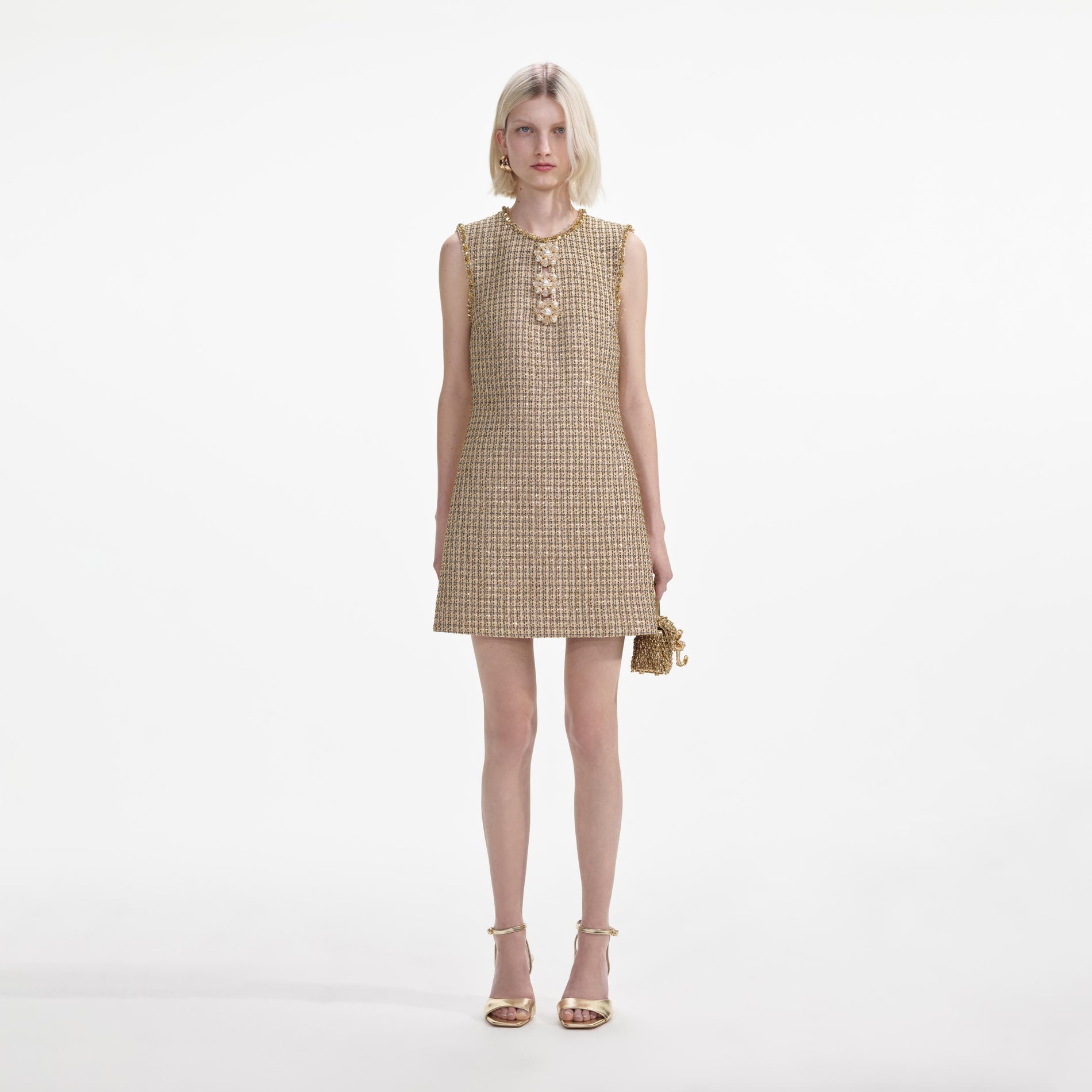 Front view of a woman wearing the Gold Boucle Embellished Mini Dress