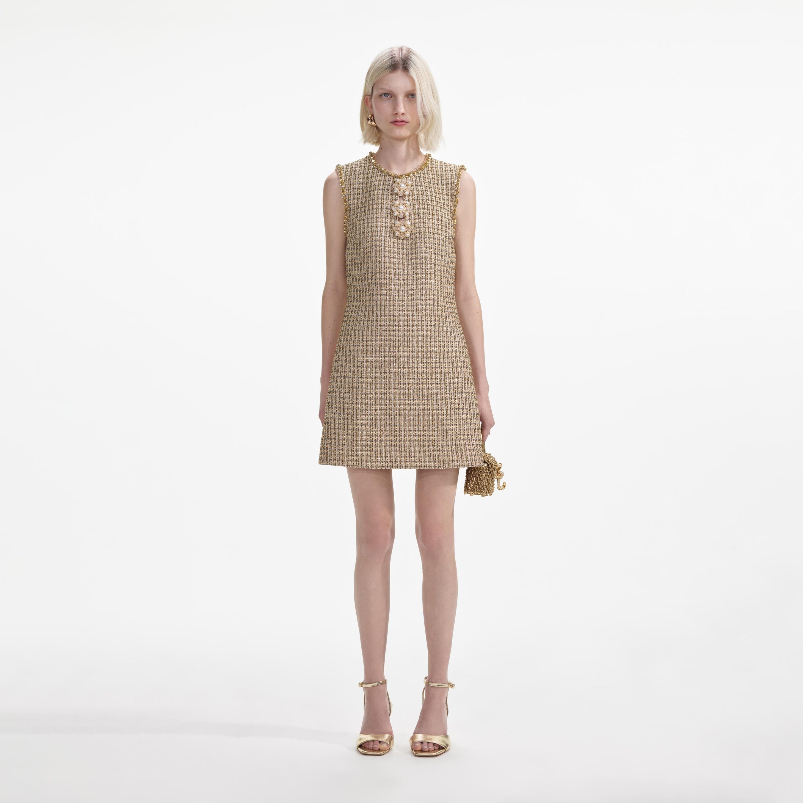 Gold Boucle Embellished Mini Dress