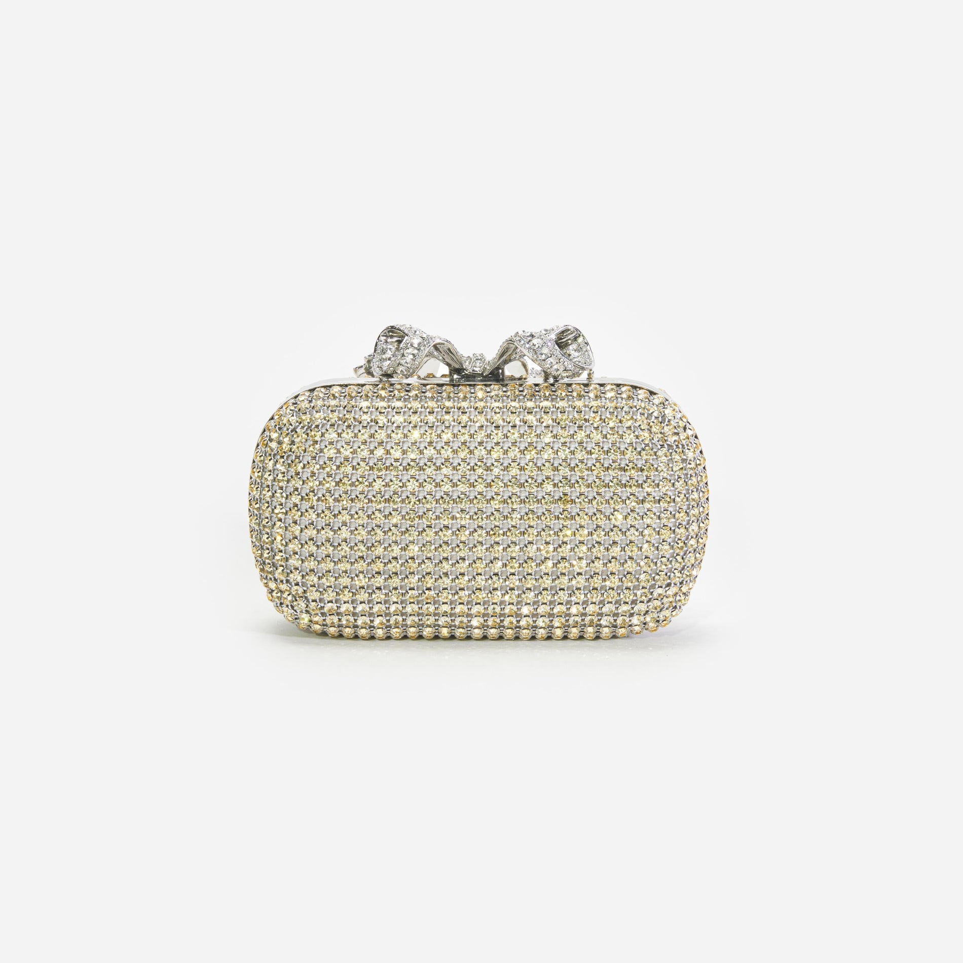 Back view of a woman wearing the Champagne Chainmail Clutch Bag