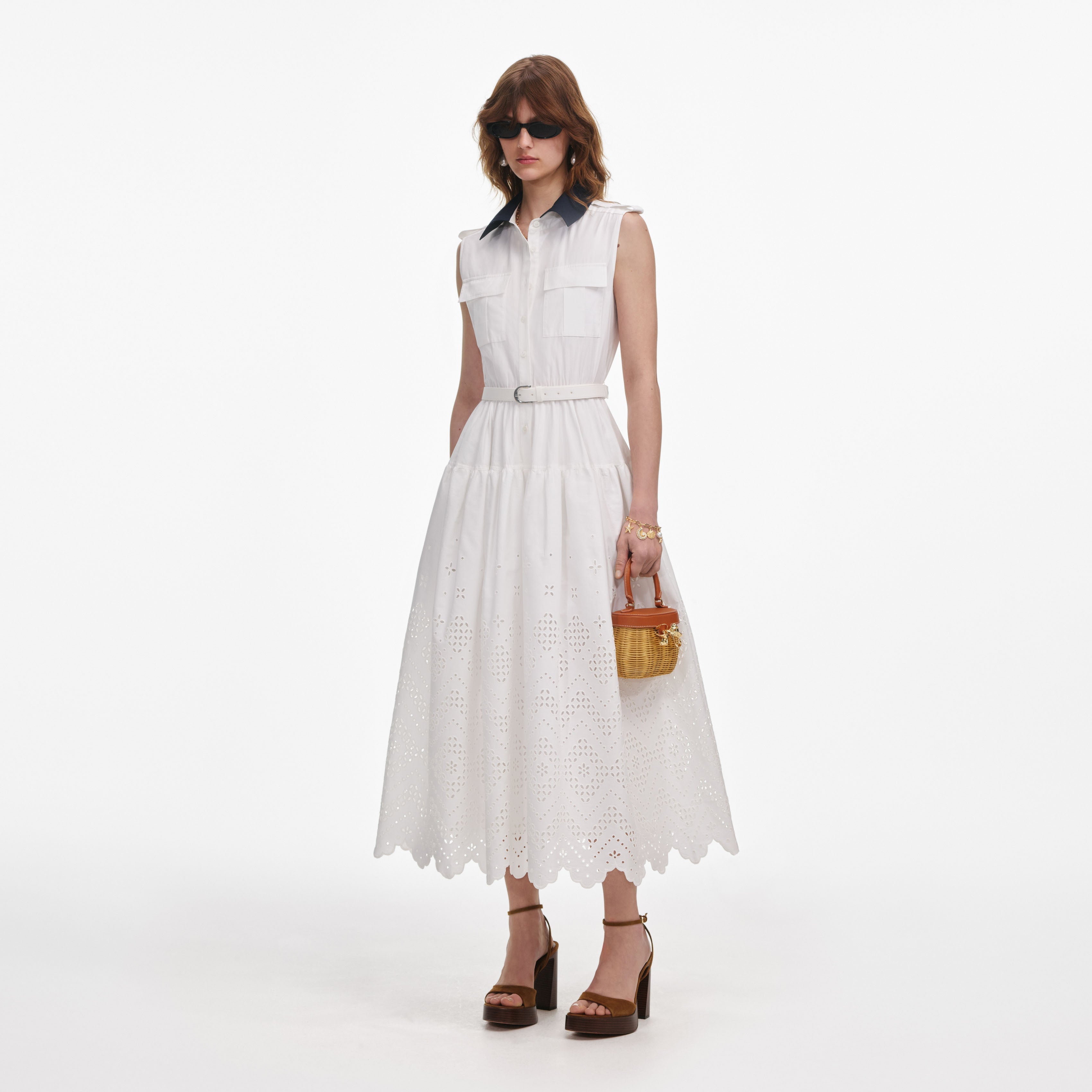 White Contrast Collar Broderie Midi Dress