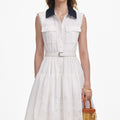White Contrast Collar Broderie Midi Dress