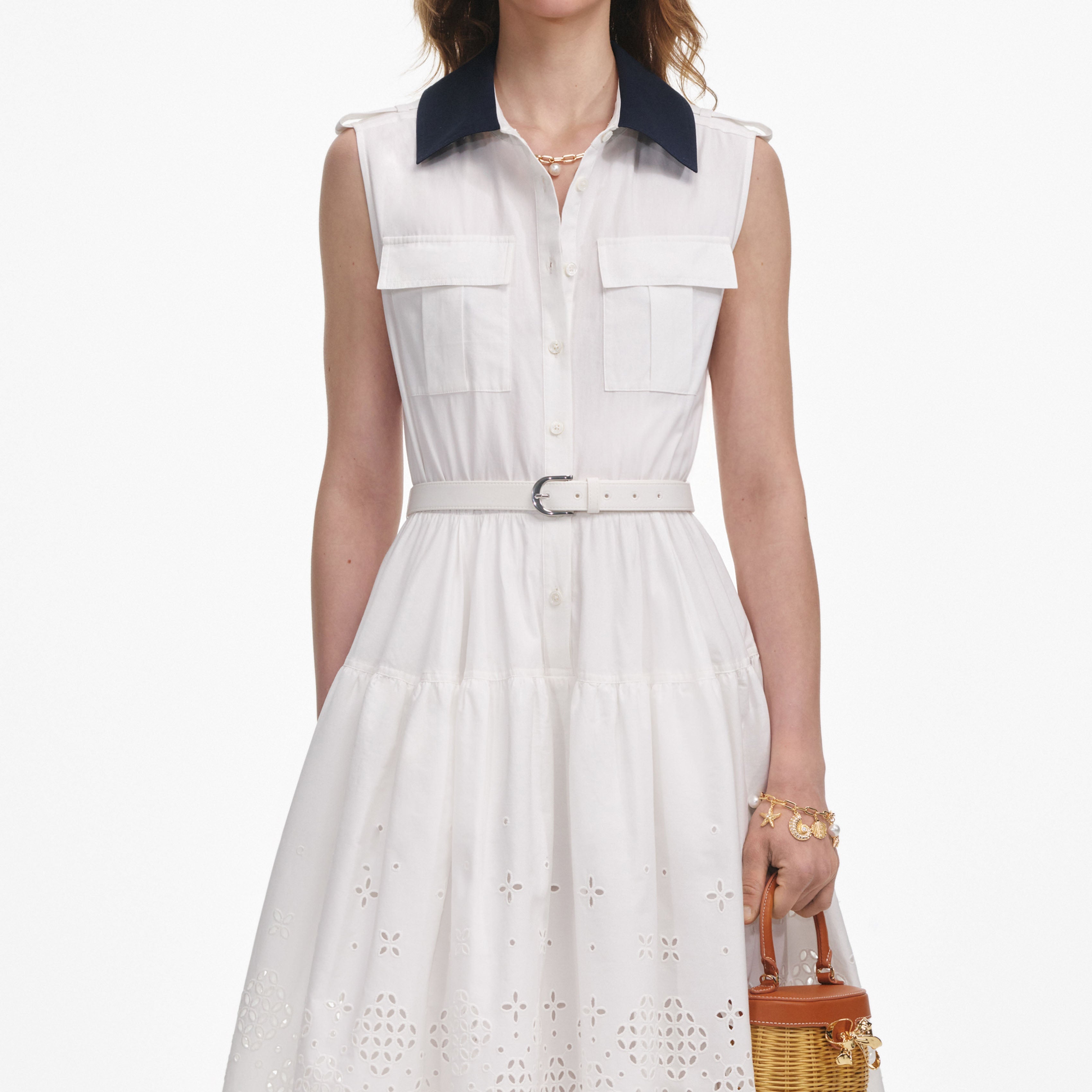 White Contrast Collar Broderie Midi Dress