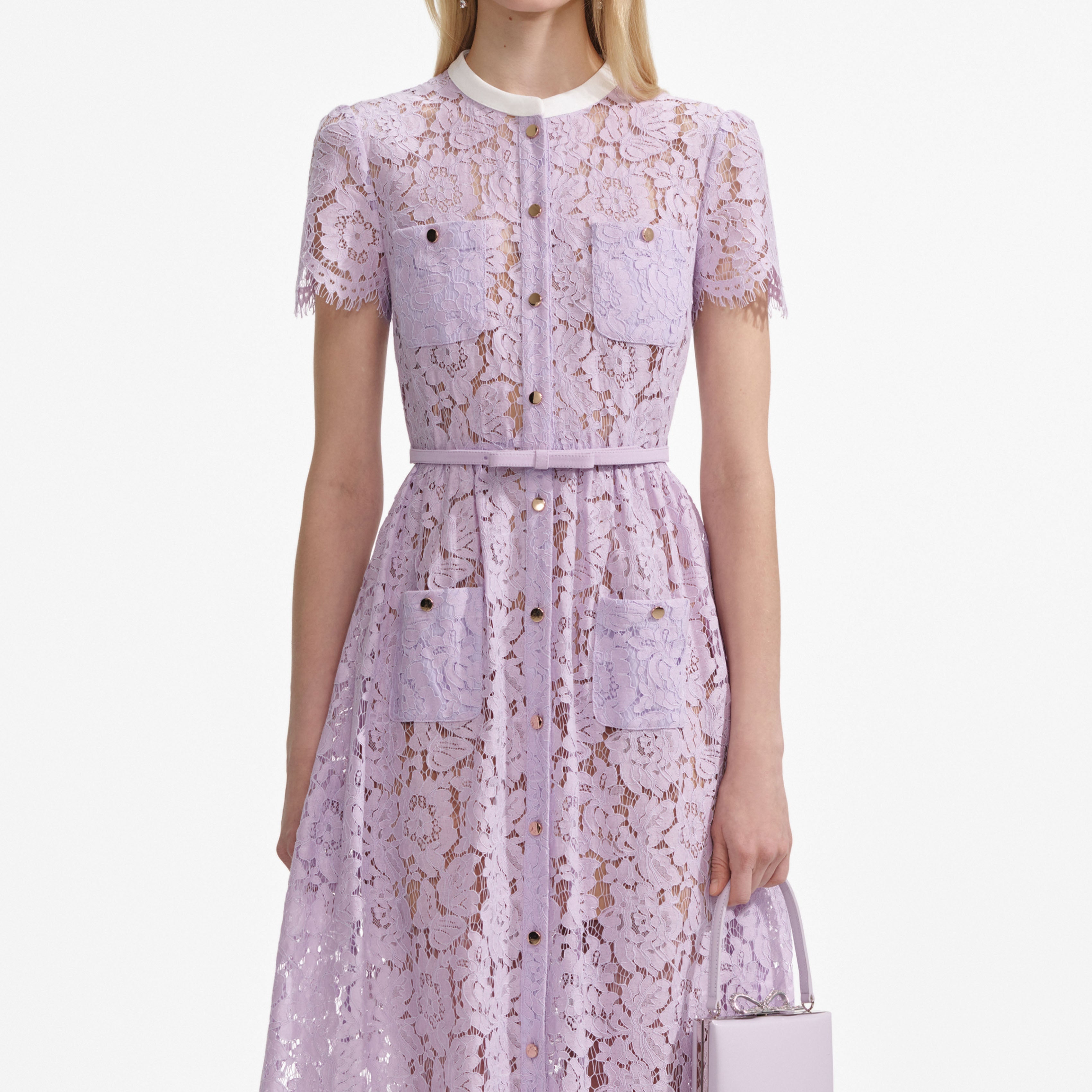 Lilac Lace Button Front Midi Dress