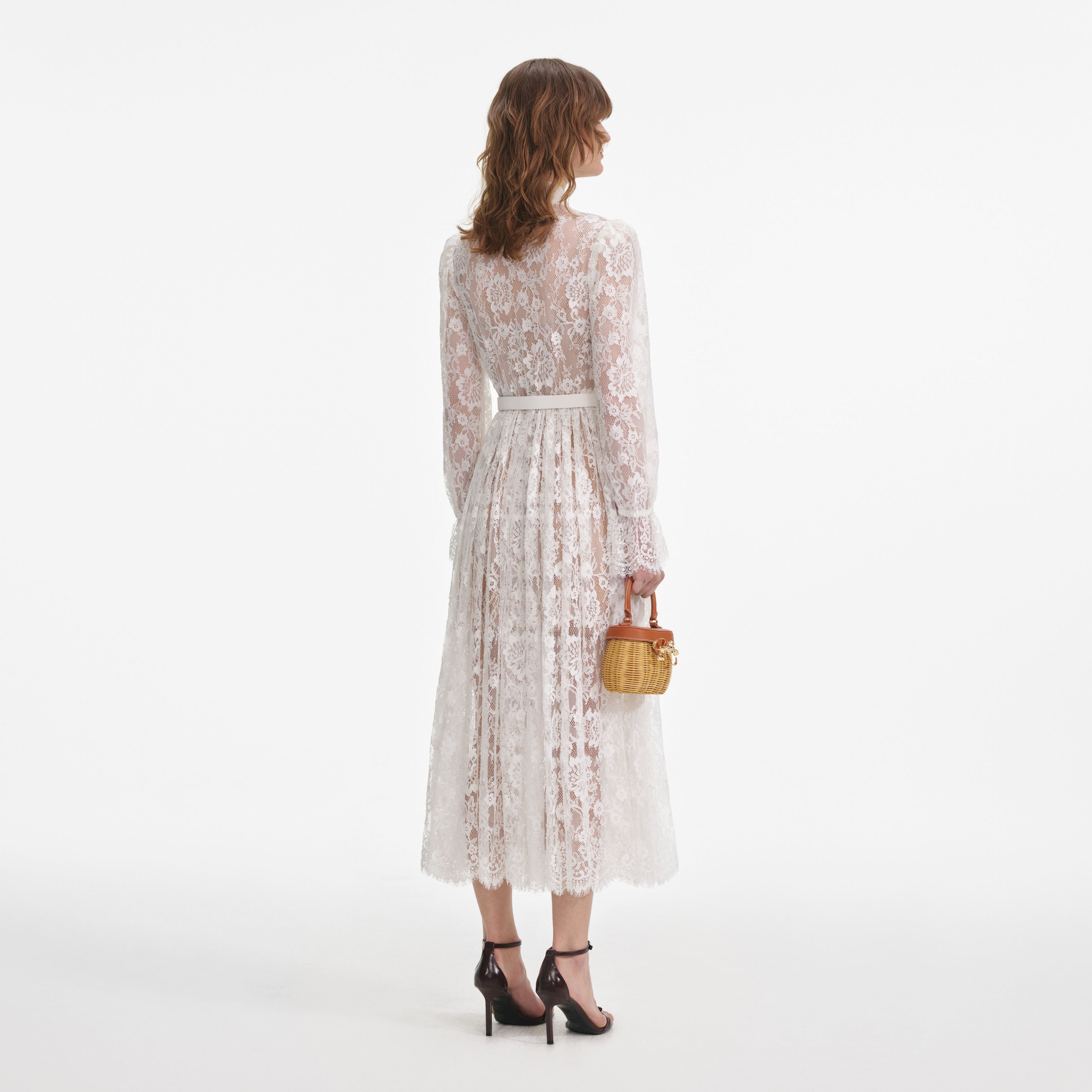 White Lace Tie Neck Midi Dress