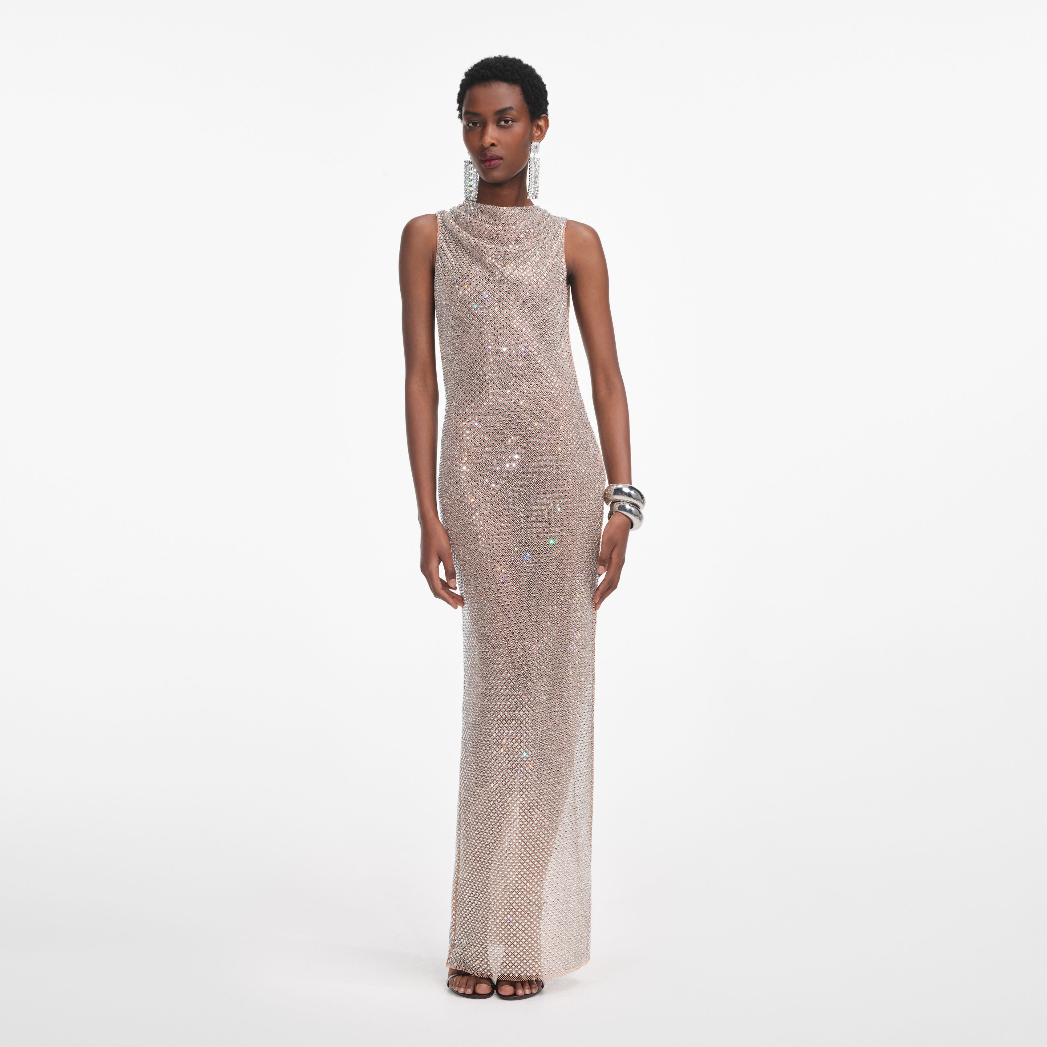 Silver Rhinestone Drape Maxi Dress