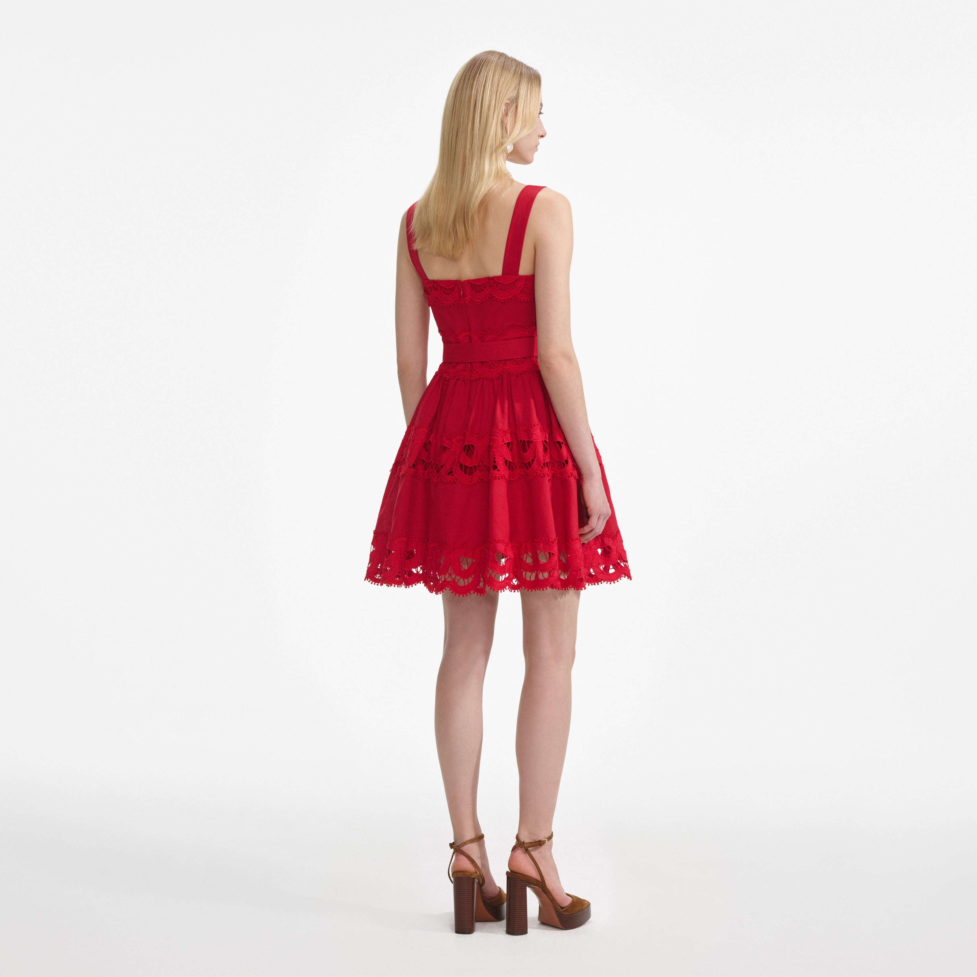 Red Linen Lace Insert Mini Dress