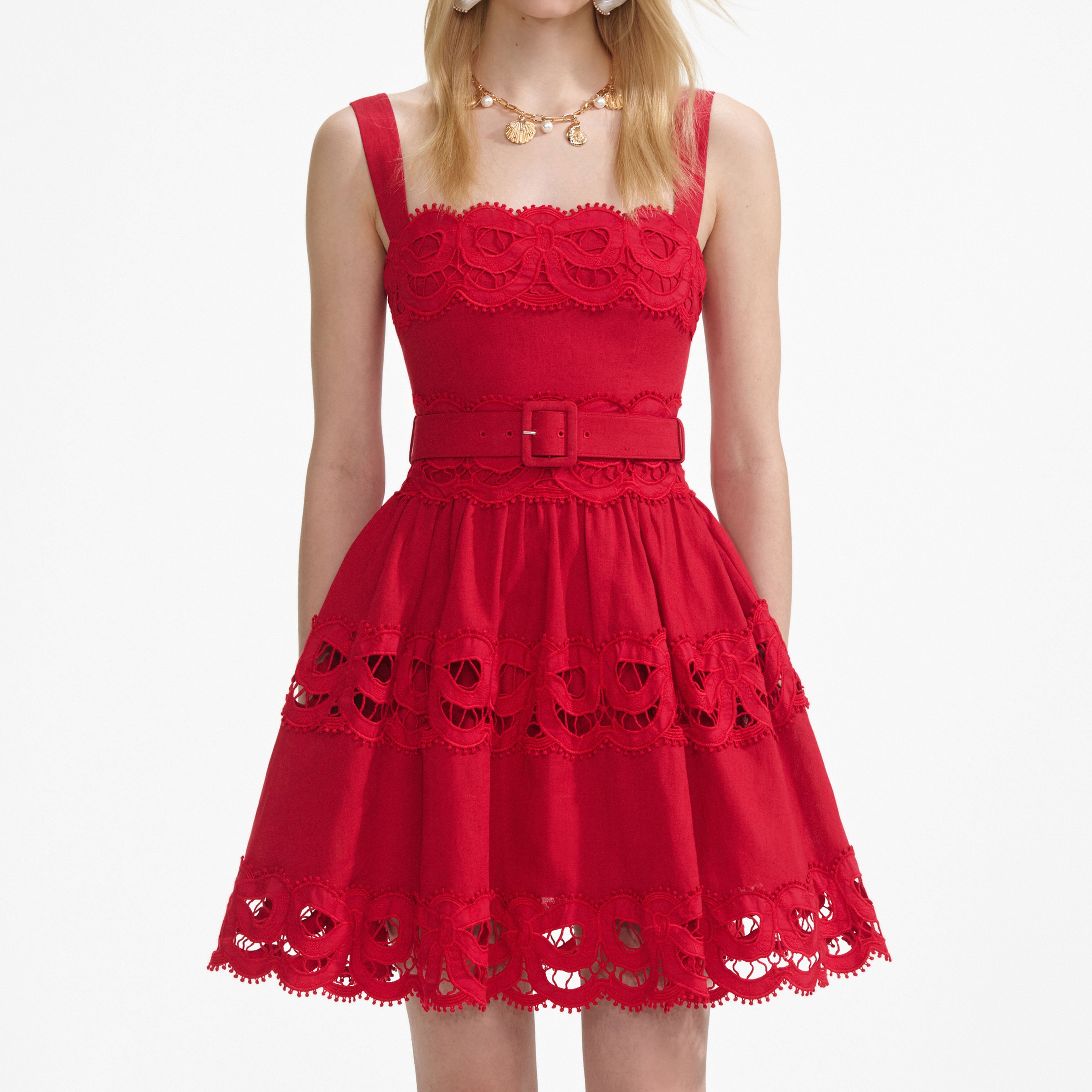 Red Linen Lace Insert Mini Dress