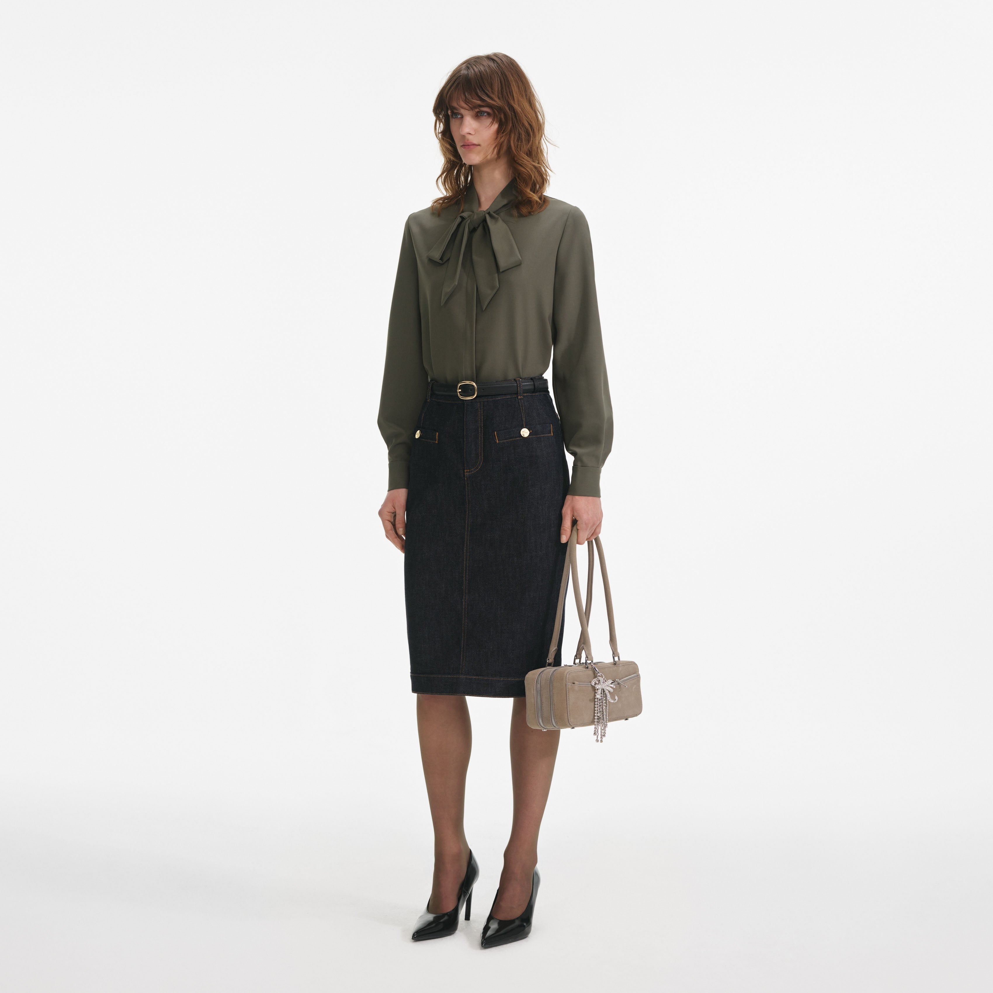 Khaki Twill Tie Neck Blouse