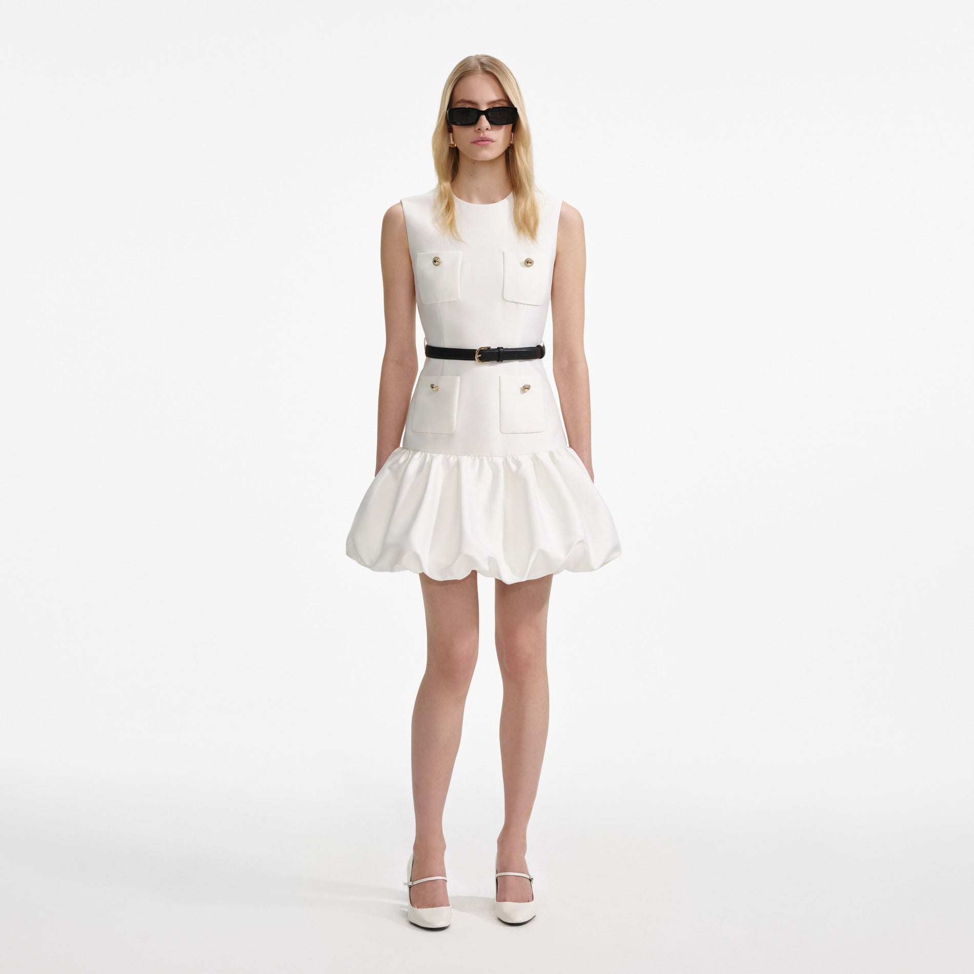 Front view of a woman wearing the Cream Taffeta Mini Dress