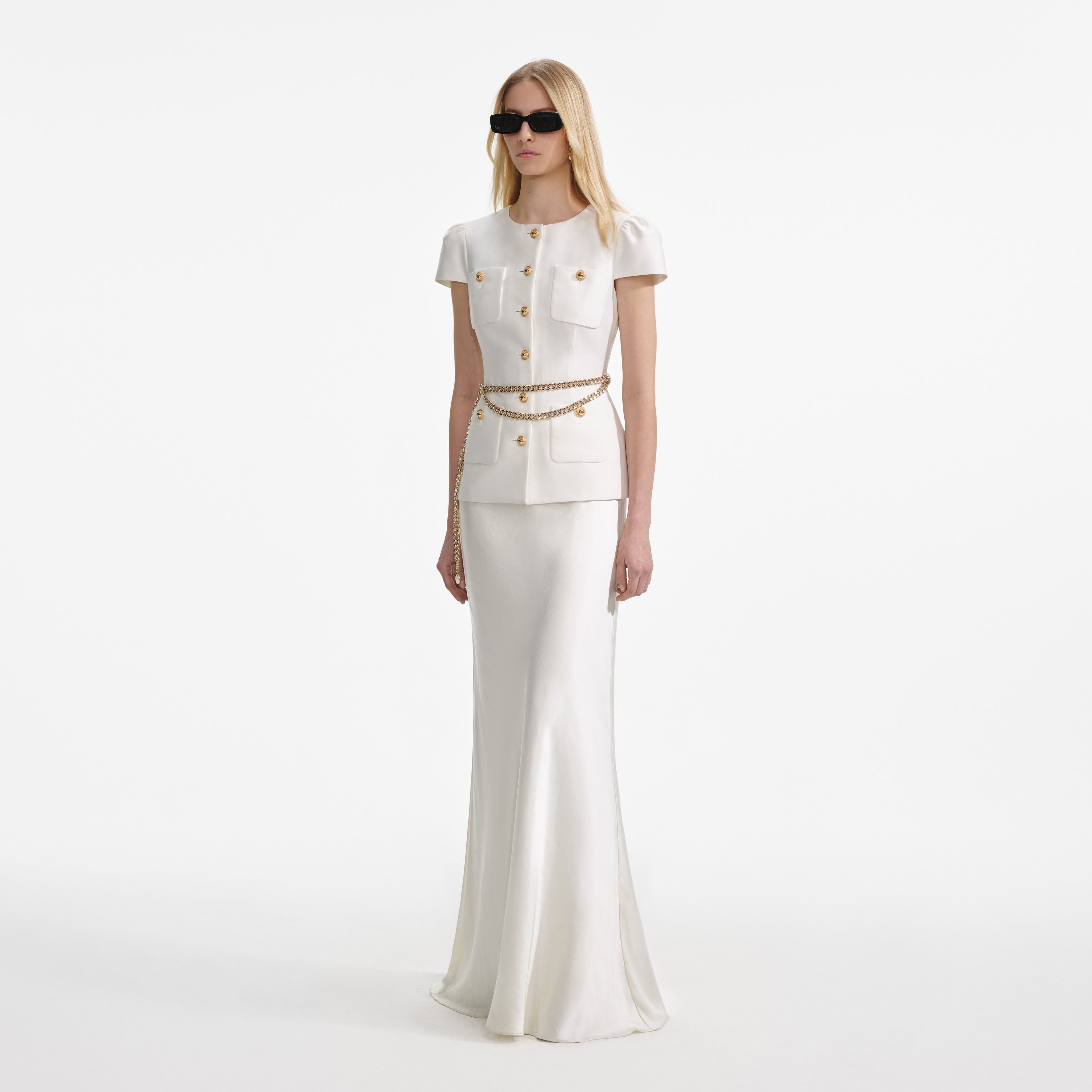 Cream Taffeta Chain Belt Maxi Dress