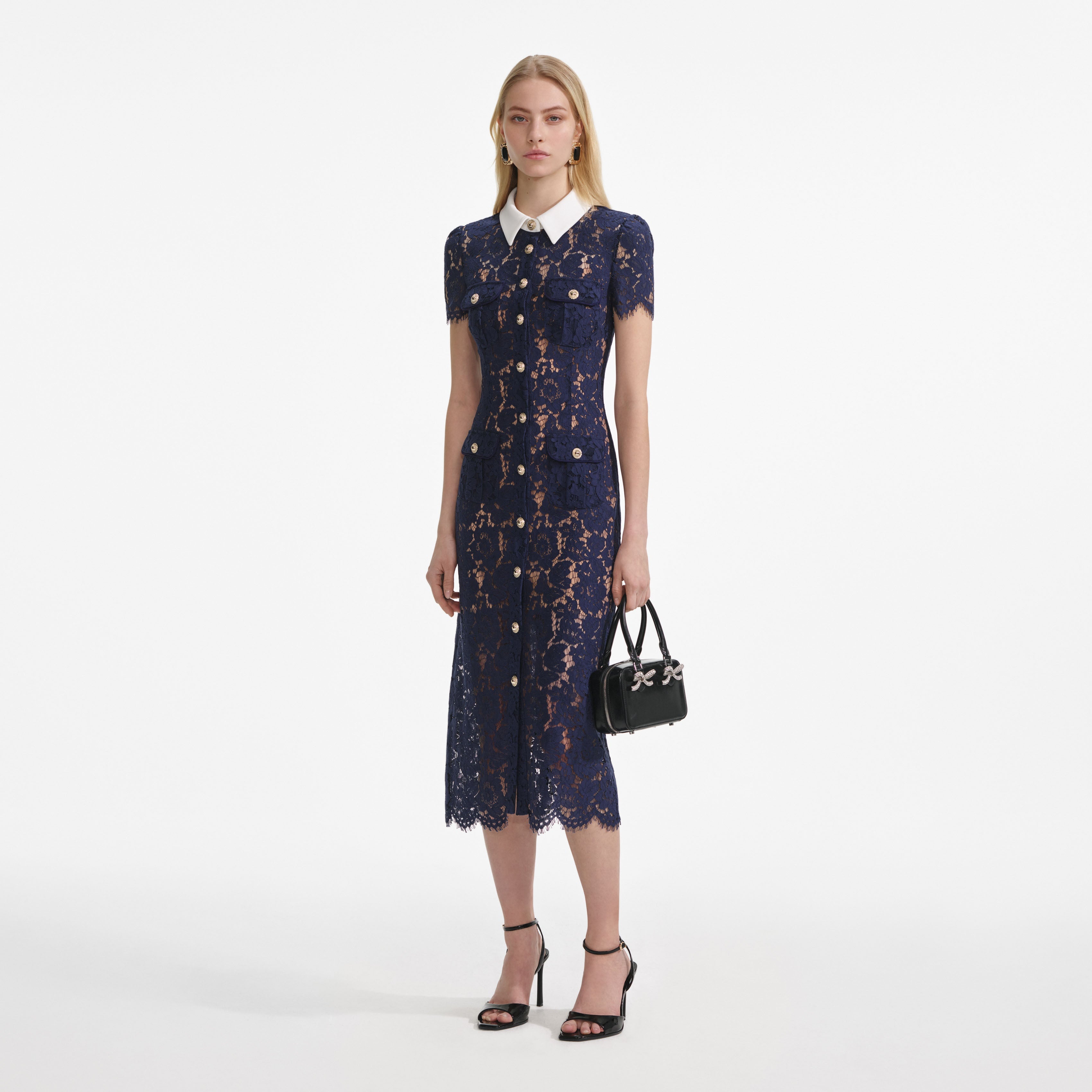 Navy Lace Contrast Collar Midi Dress