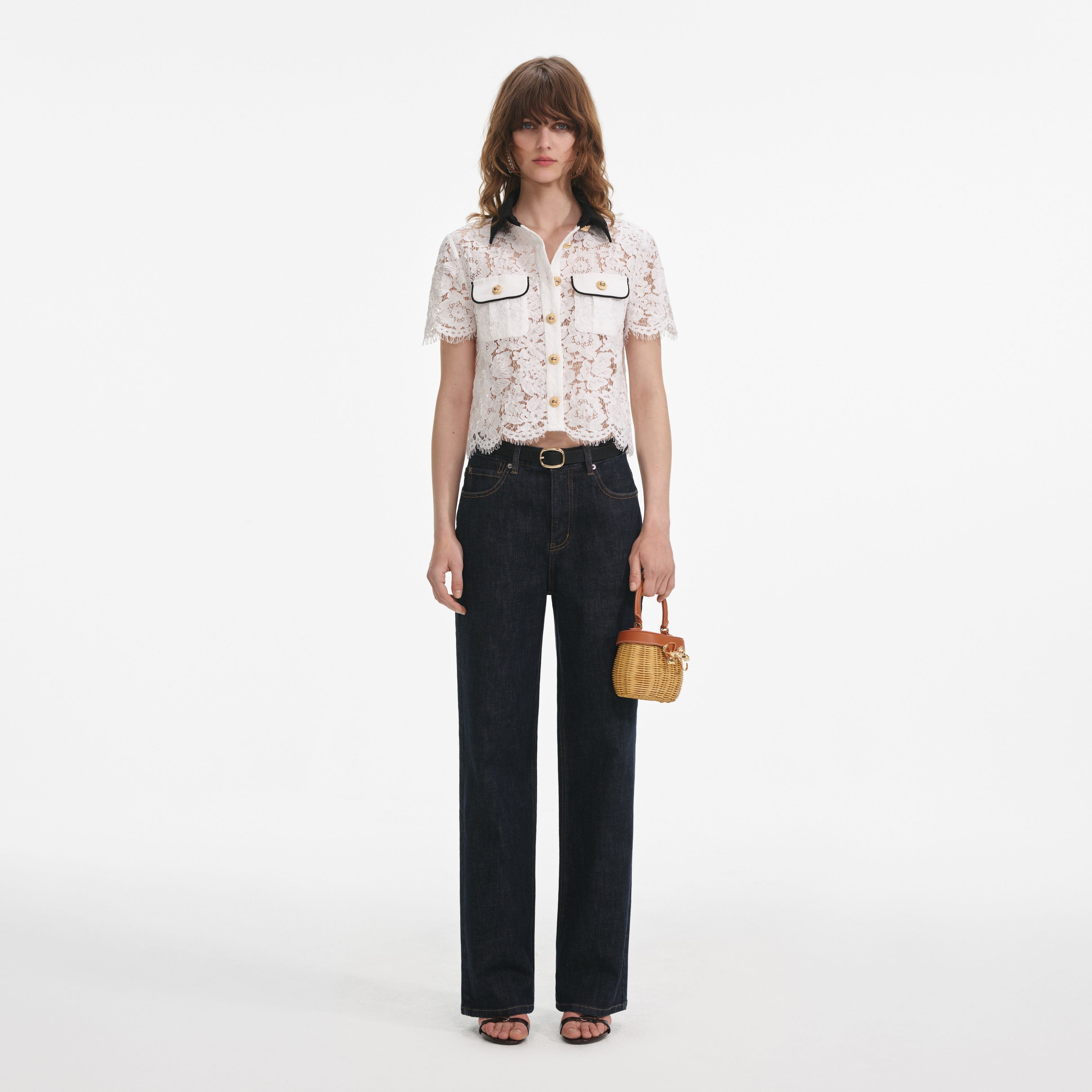 White Lace Contrast Collar Top