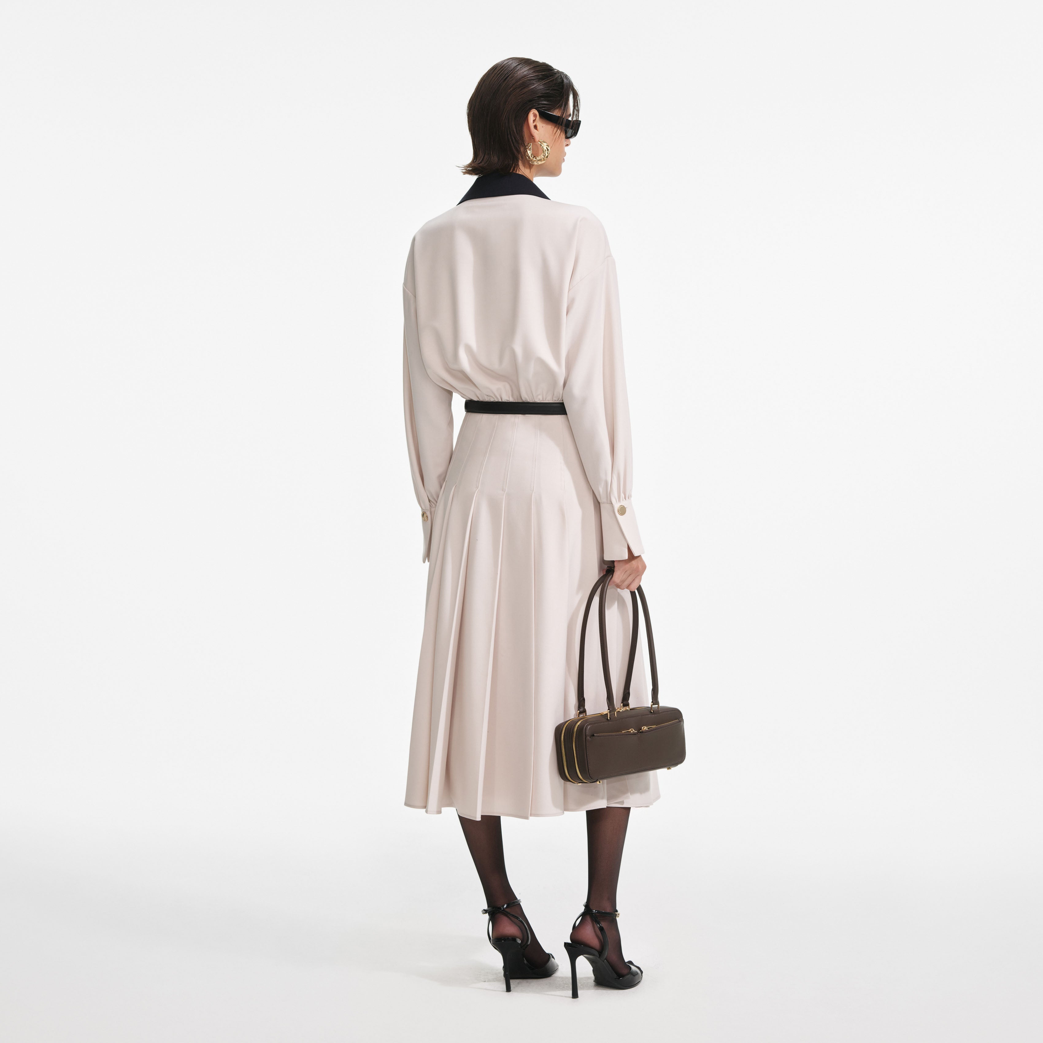 Cream Twill Contrast Collar Midi Dress
