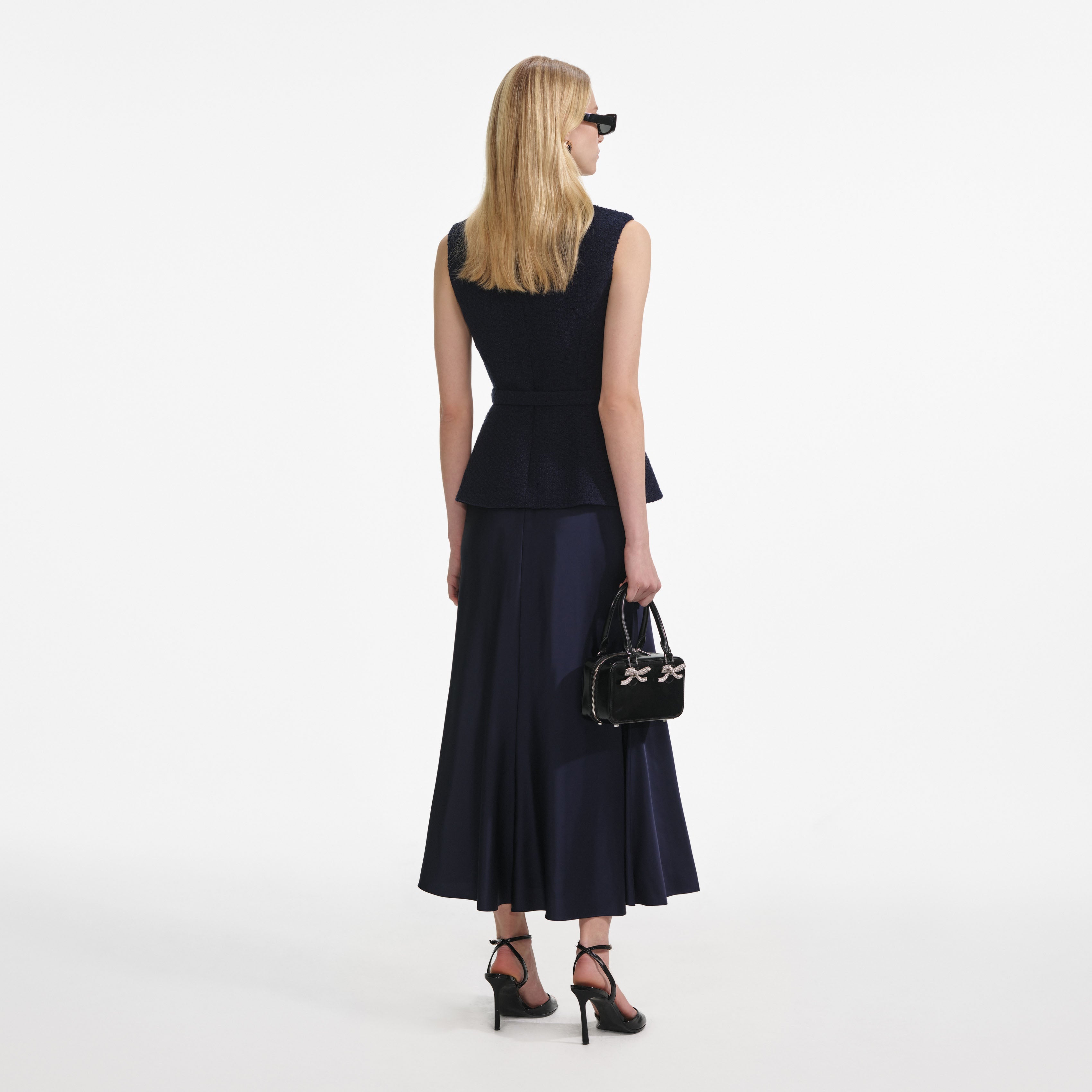 Navy Boucle Sleeveless Midi Dress