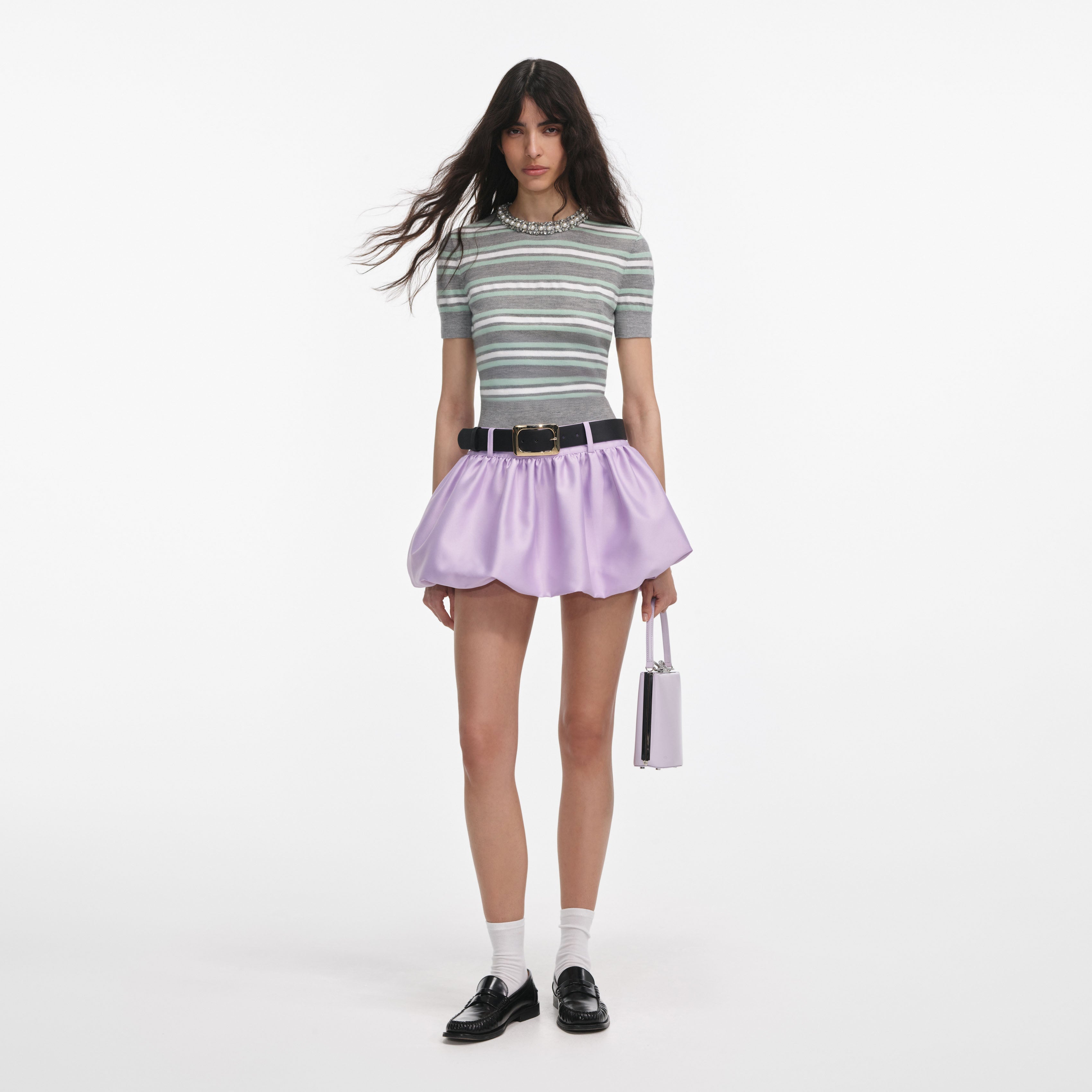 Grey Striped Crystal Trim Knit Top