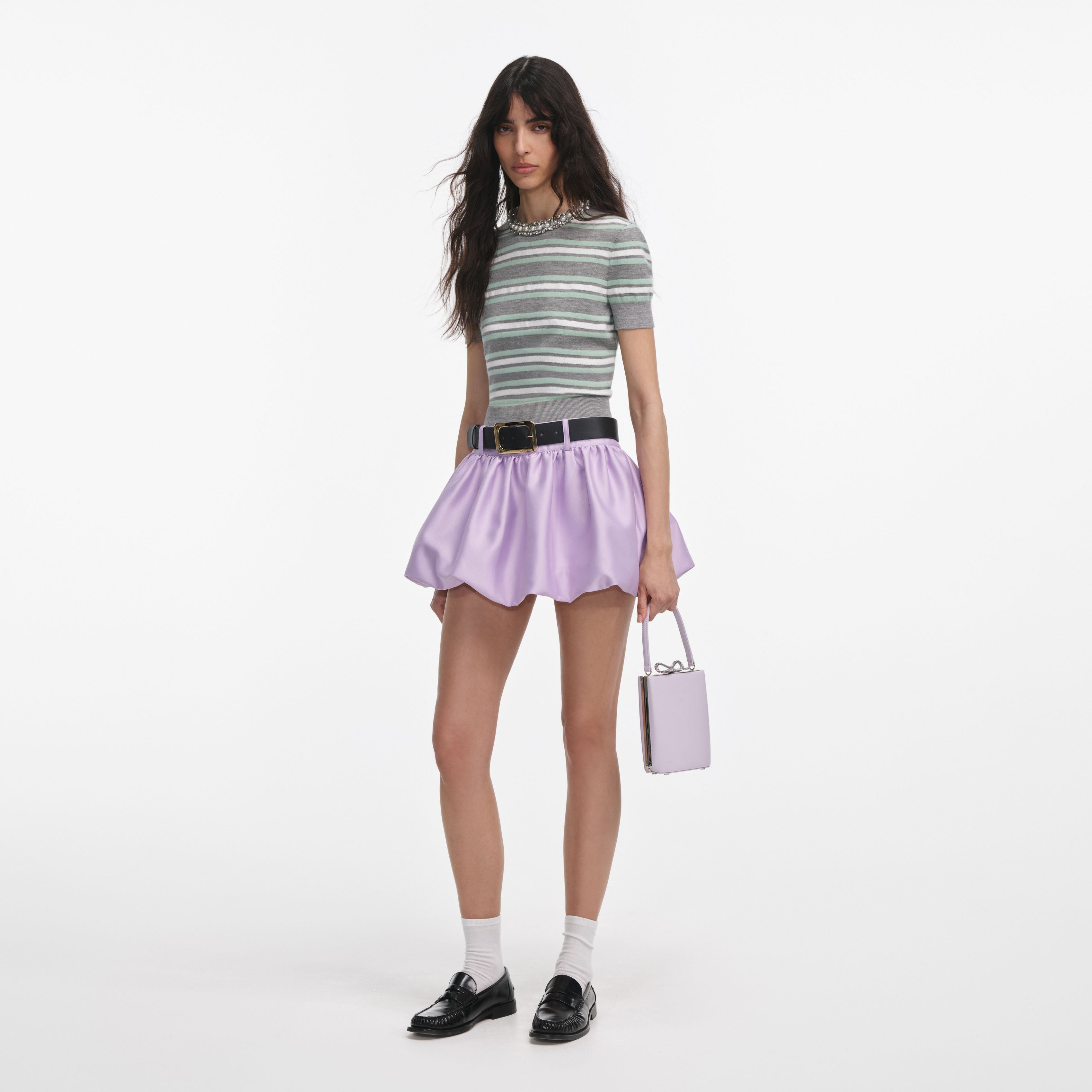 Grey Striped Crystal Trim Knit Top