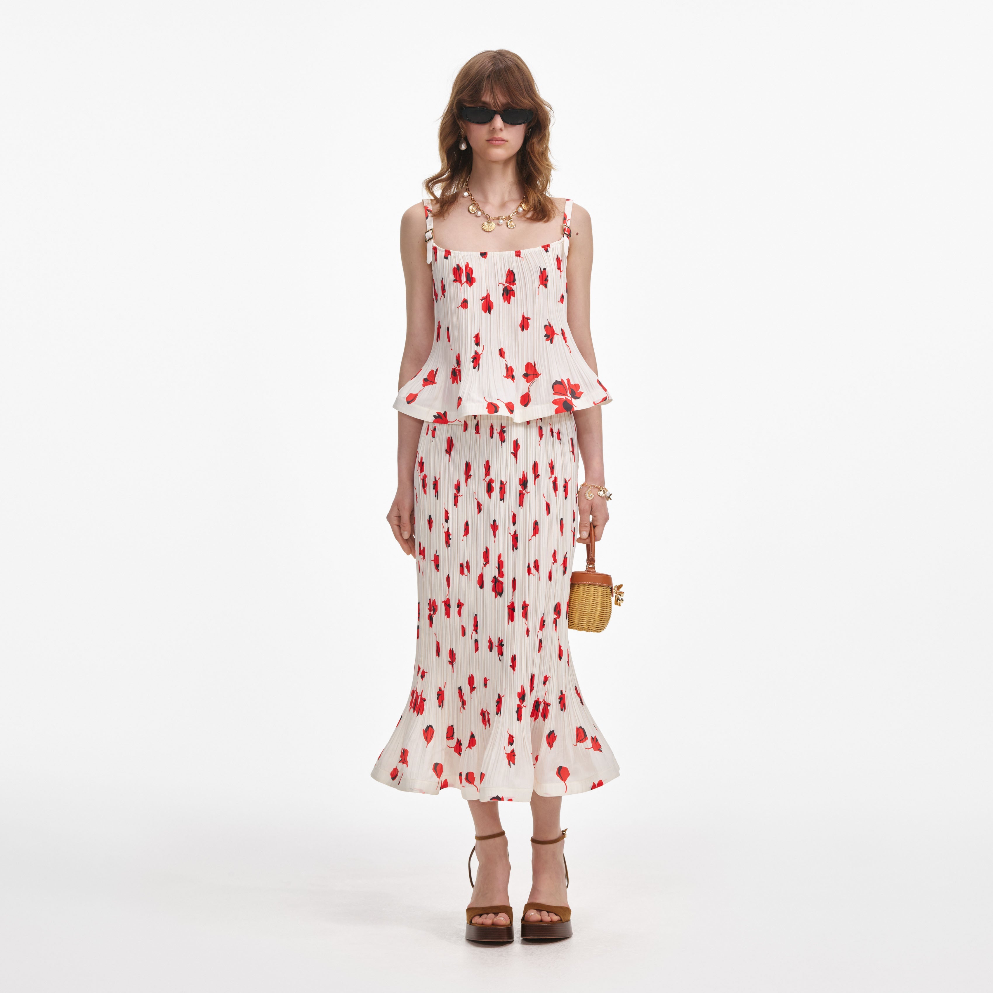 White Floral Plisse  Midi Skirt