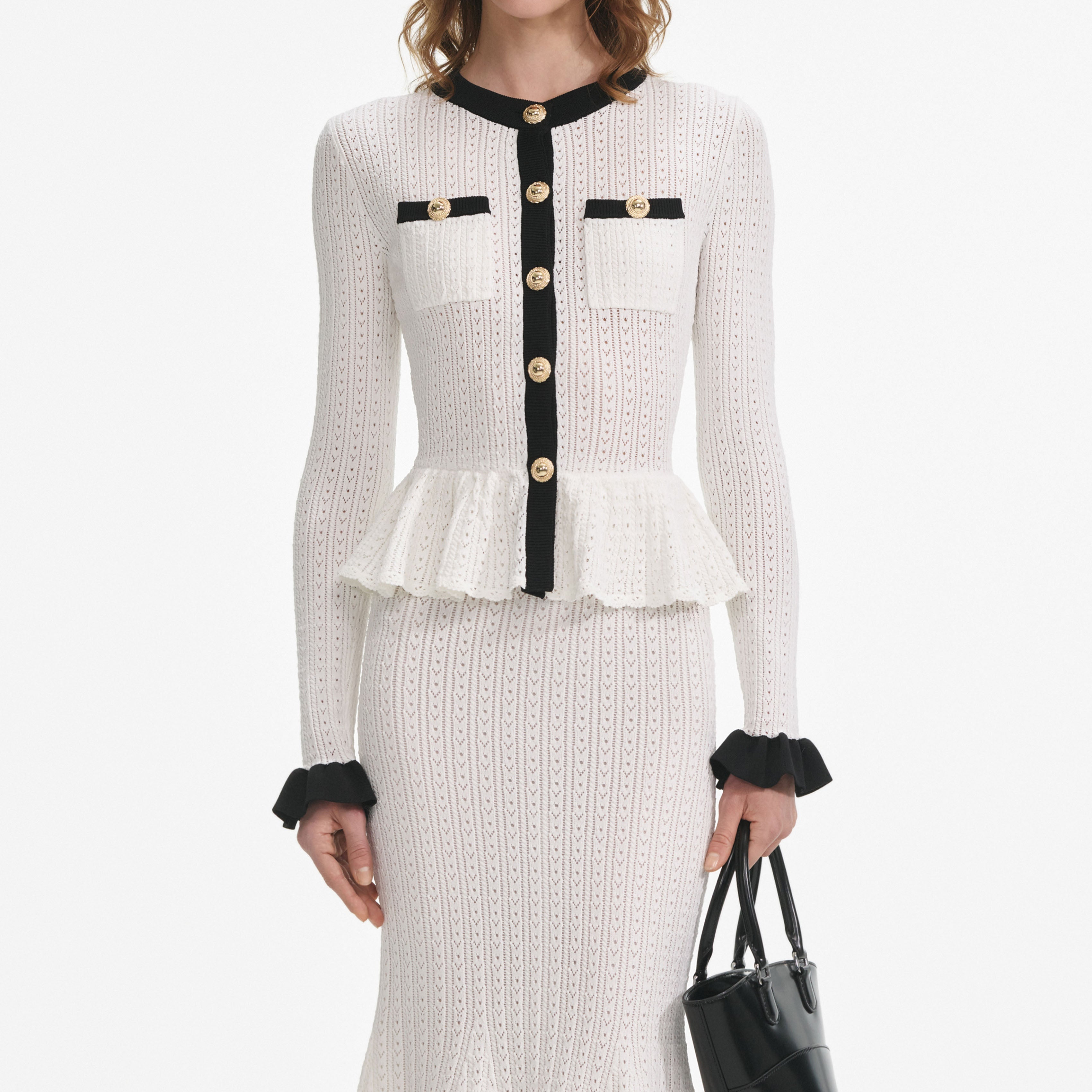 White Pointelle Knit Contrast Midi Dress