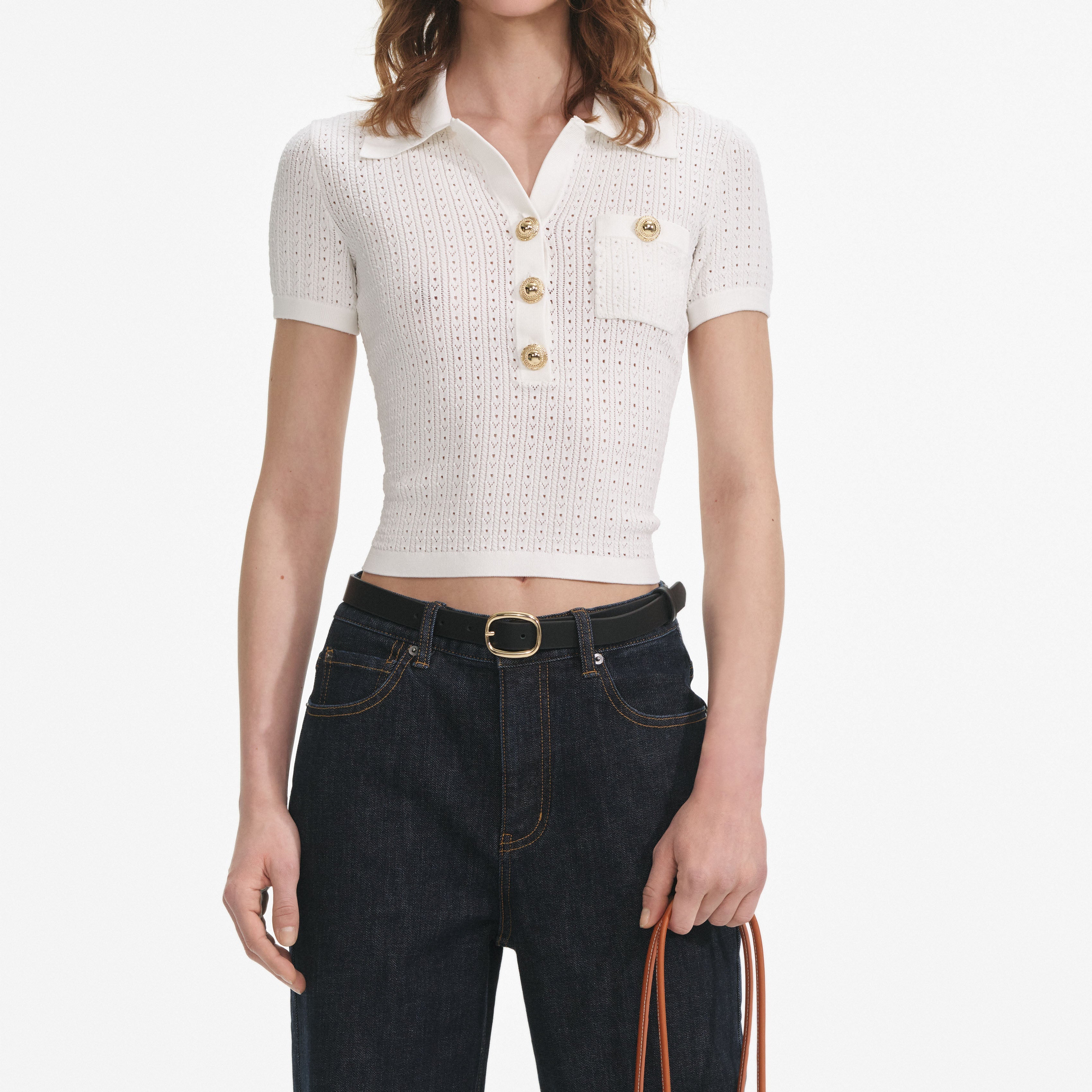 White Pointelle Collared Knit Top