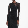 Black Rhinestone Lace Sleeves Maxi Dress