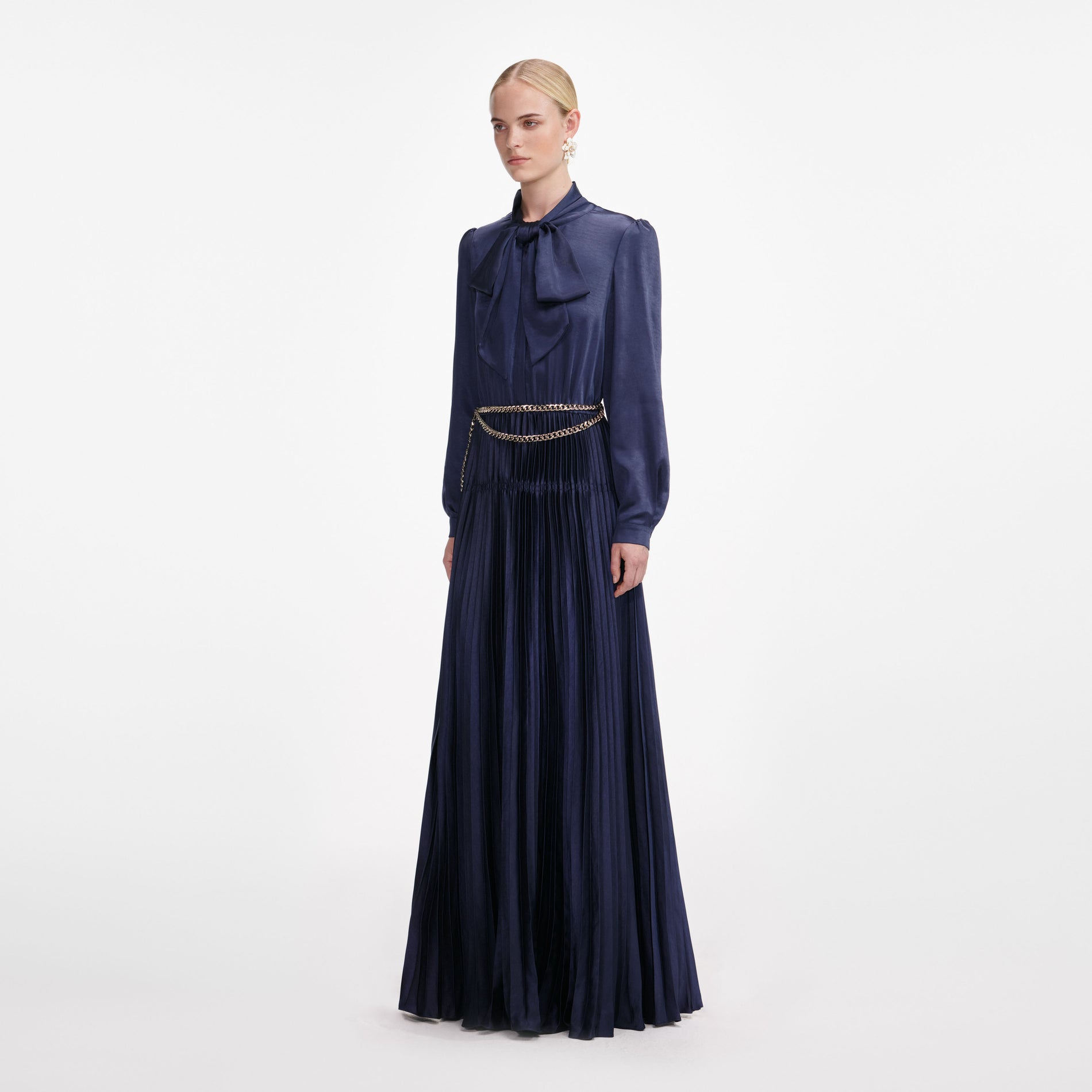 Navy Satin Tie Neck Maxi Dress