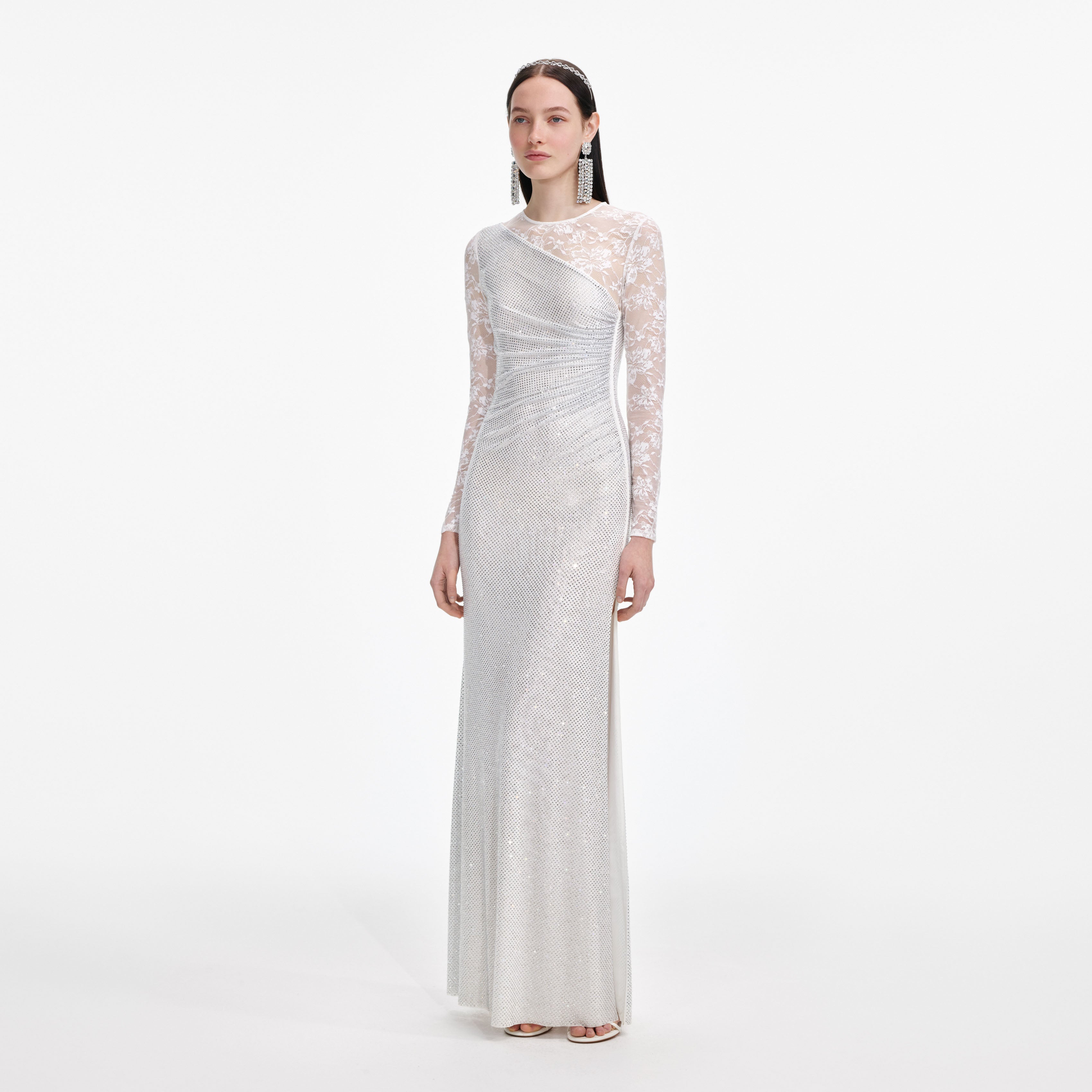 White Rhinestone Lace Sleeves Maxi Dress