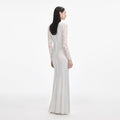 White Rhinestone Lace Sleeves Maxi Dress