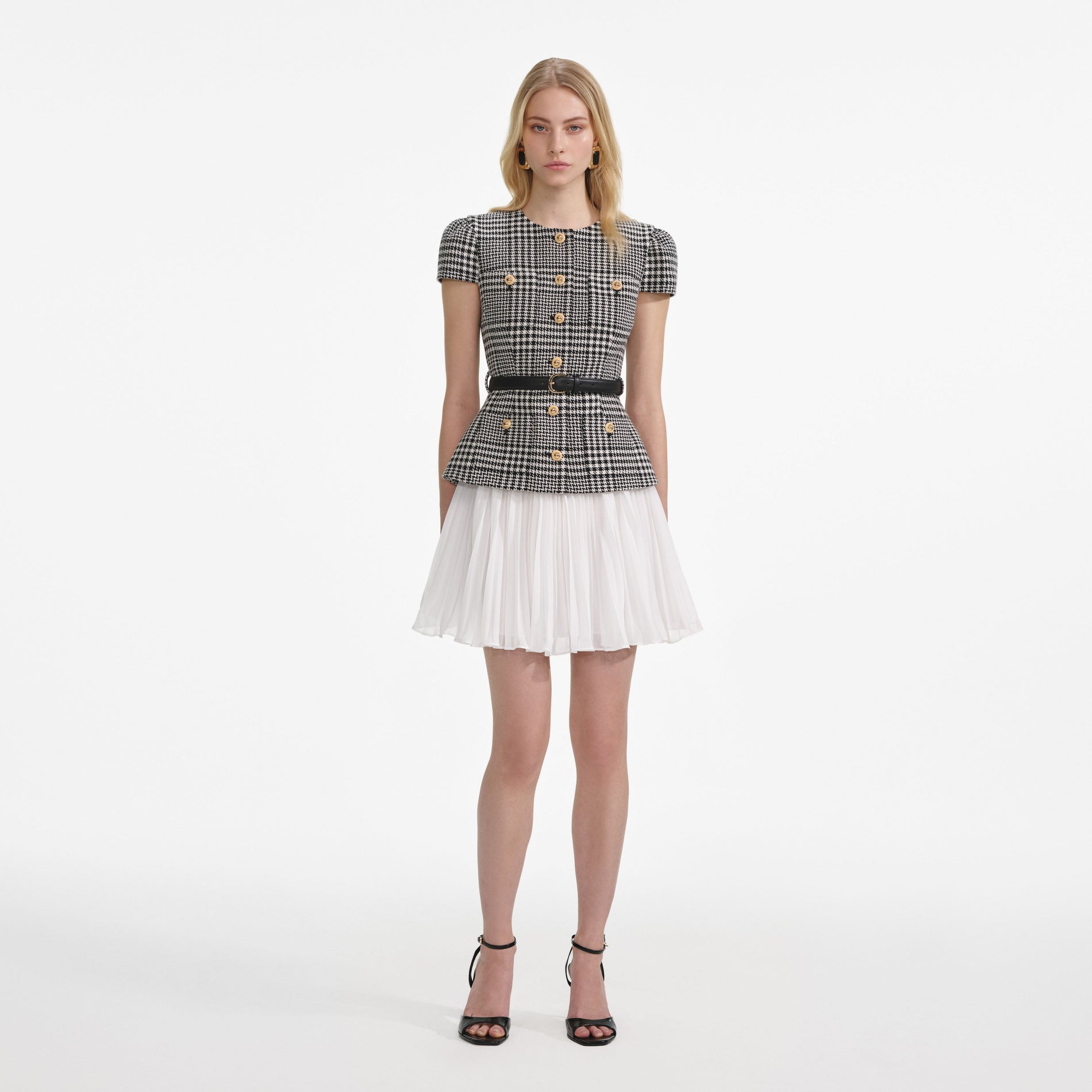 Front view of a woman wearing the Houndstooth Mini Dress