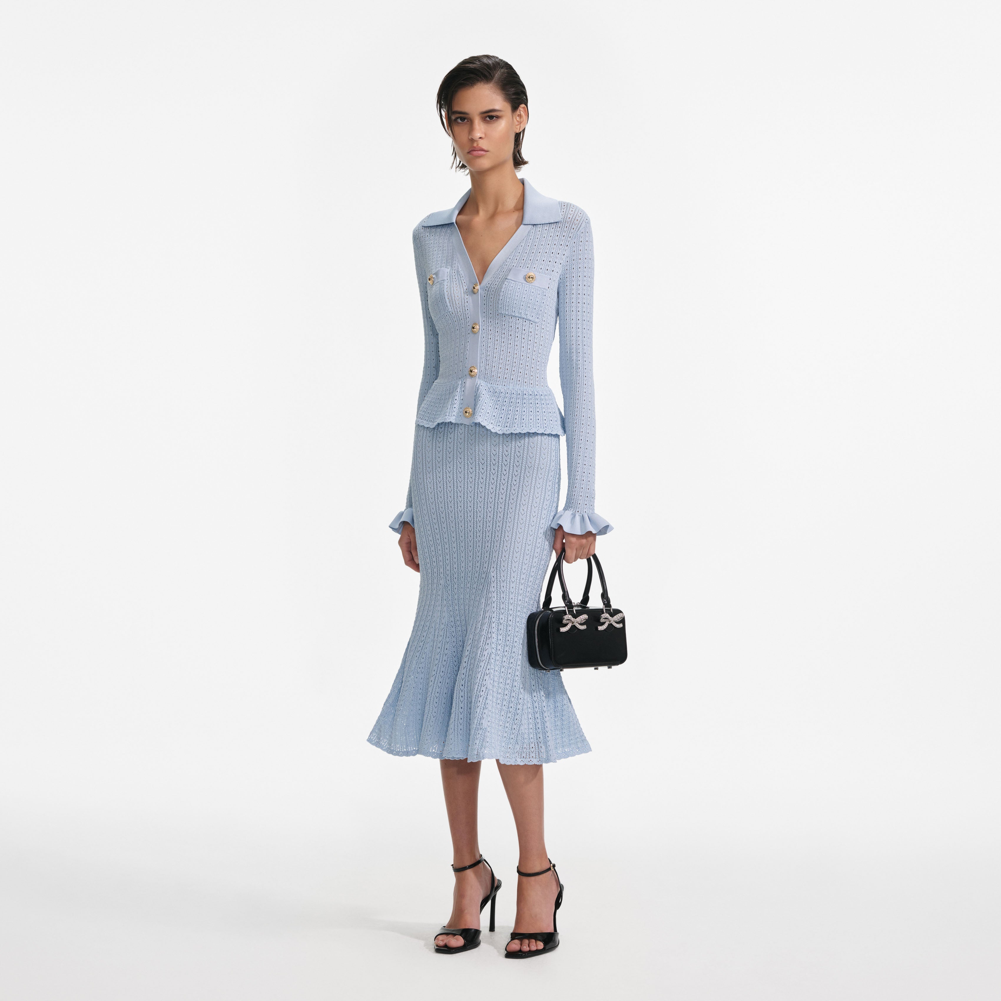 Blue Pointelle Peplum Knit Midi Dress